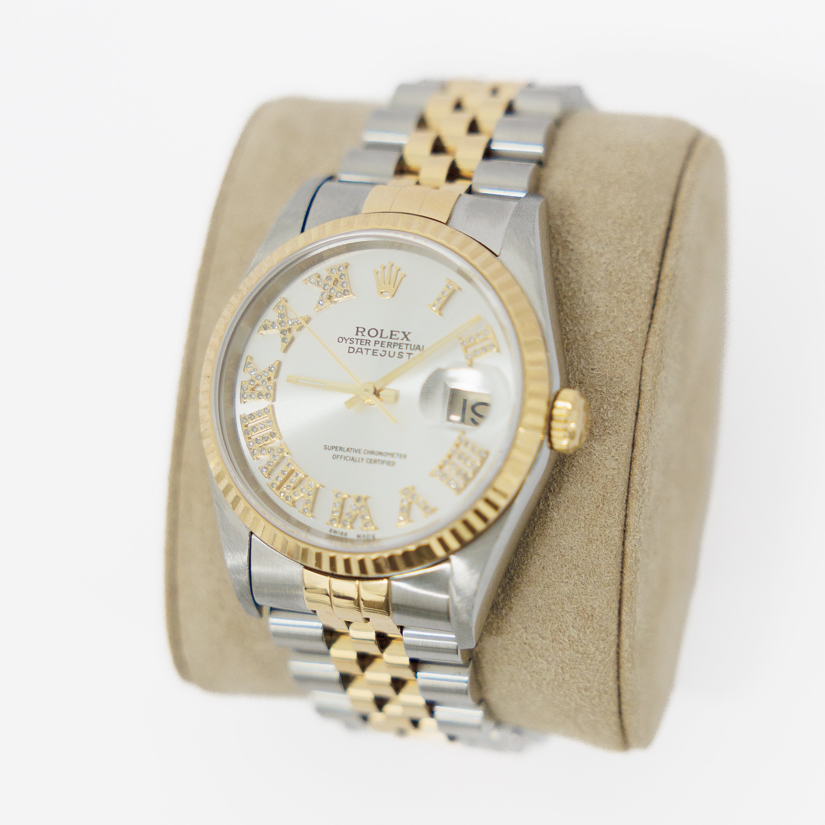 Rolex Datejust 36mm 18KT Yellow Gold/Stainless Steel Silver Diamond Roman Dial 16233