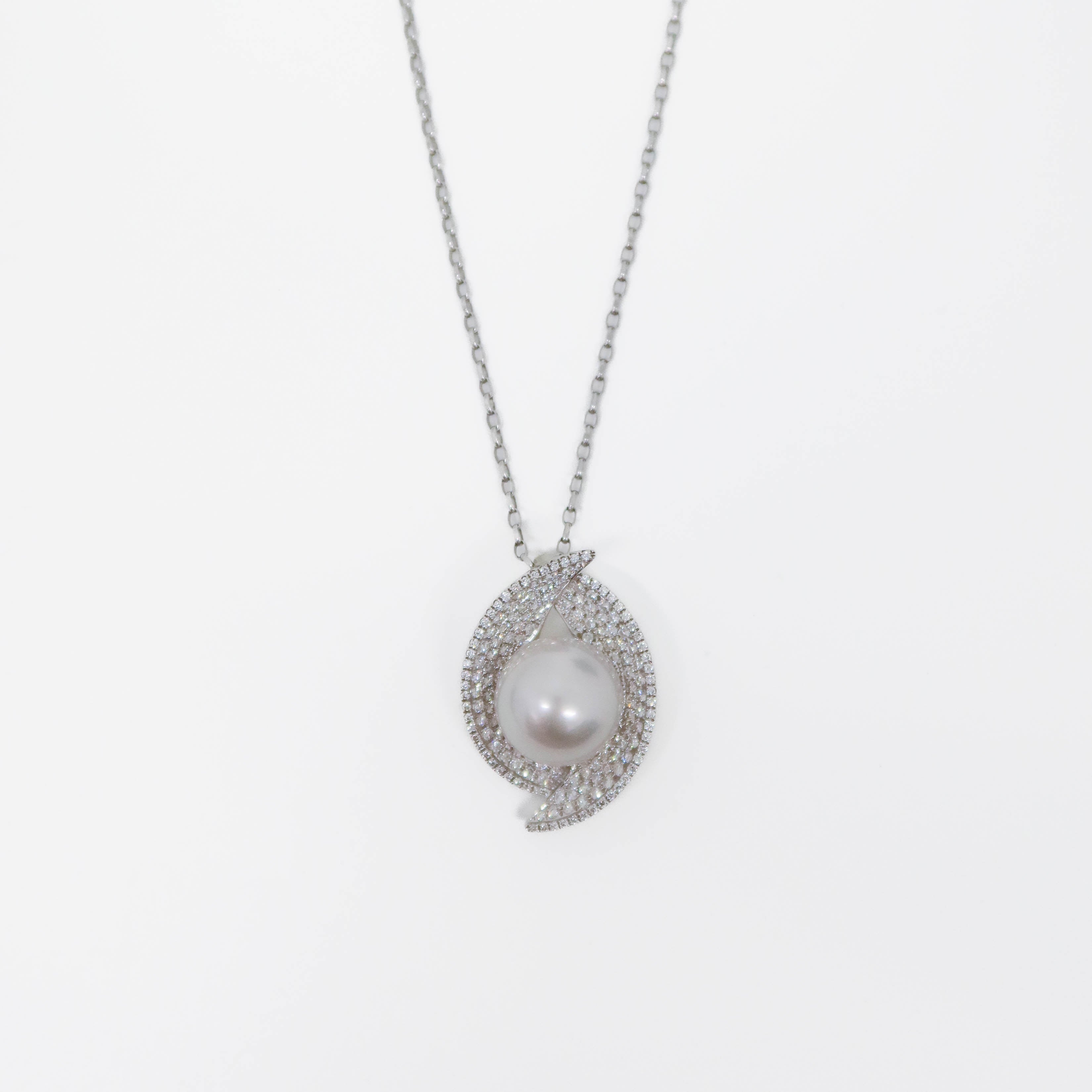 Japanese Saltwater Pearl and Diamond Pave Pendant Necklace