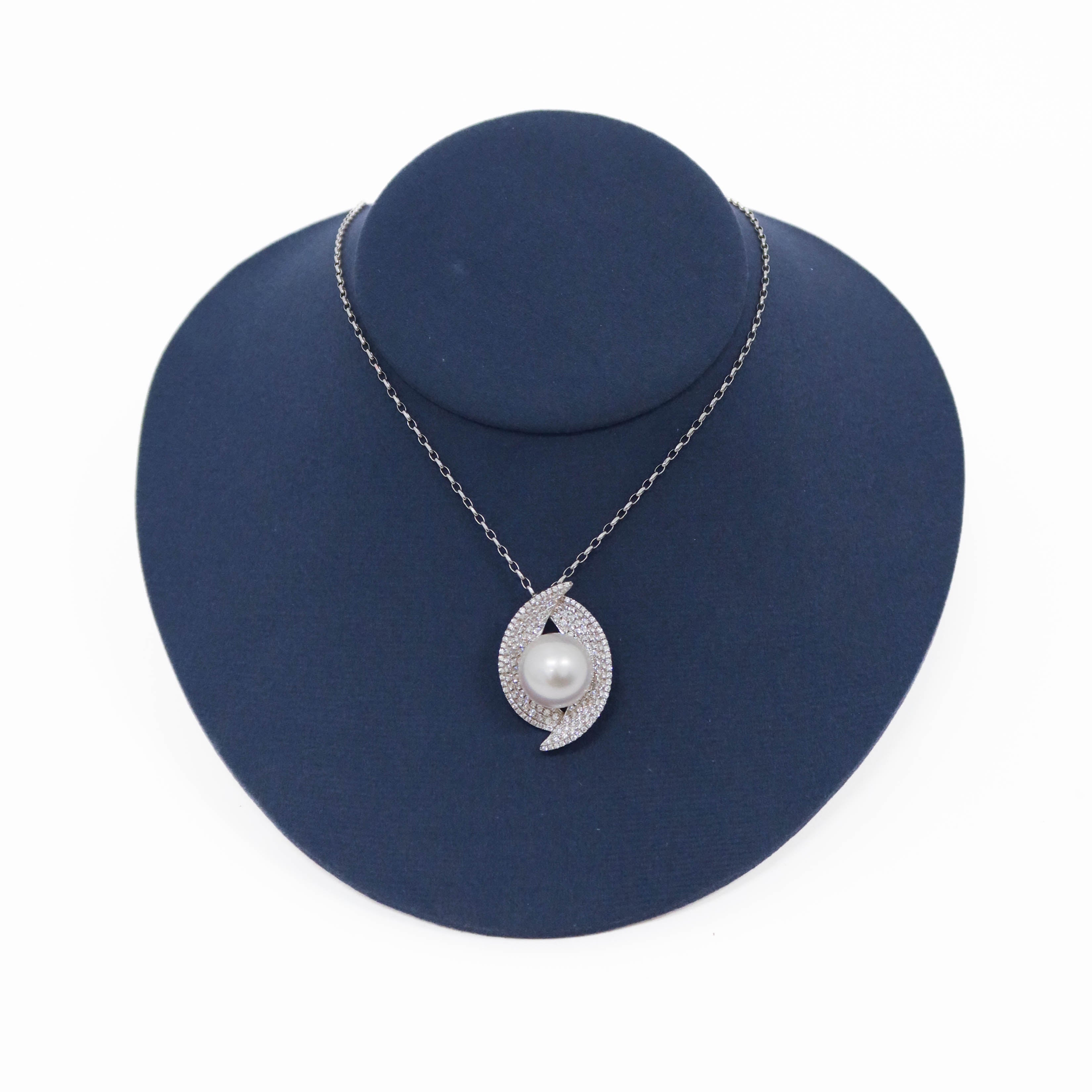 Japanese Saltwater Pearl and Diamond Pave Pendant Necklace