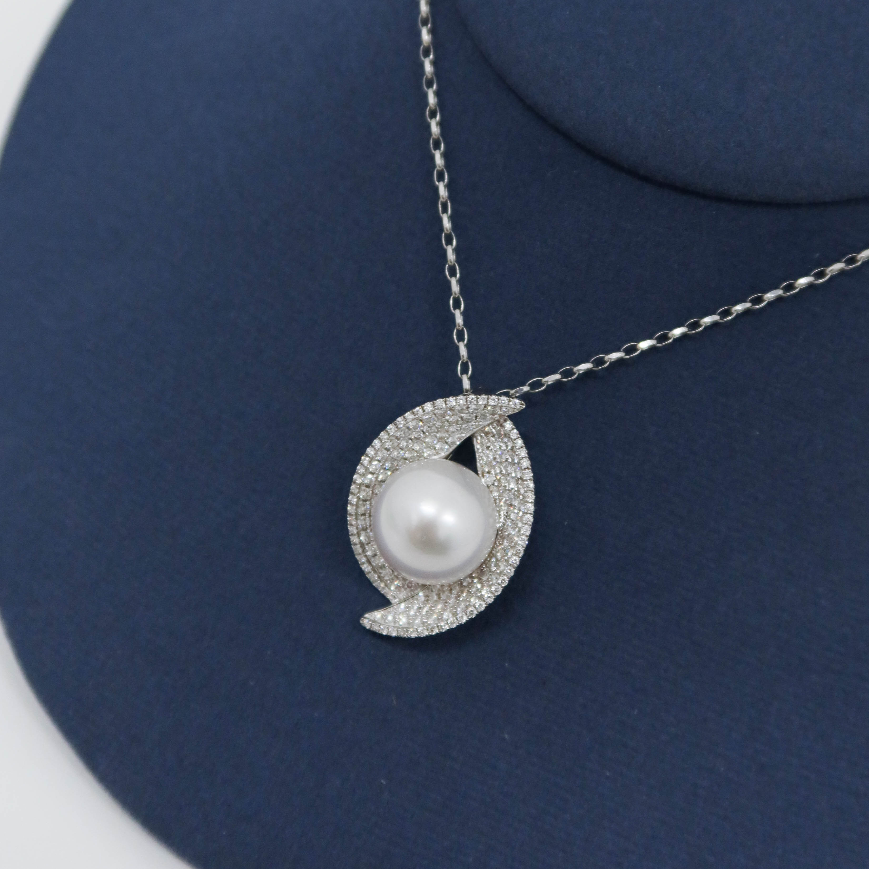 Japanese Saltwater Pearl and Diamond Pave Pendant Necklace
