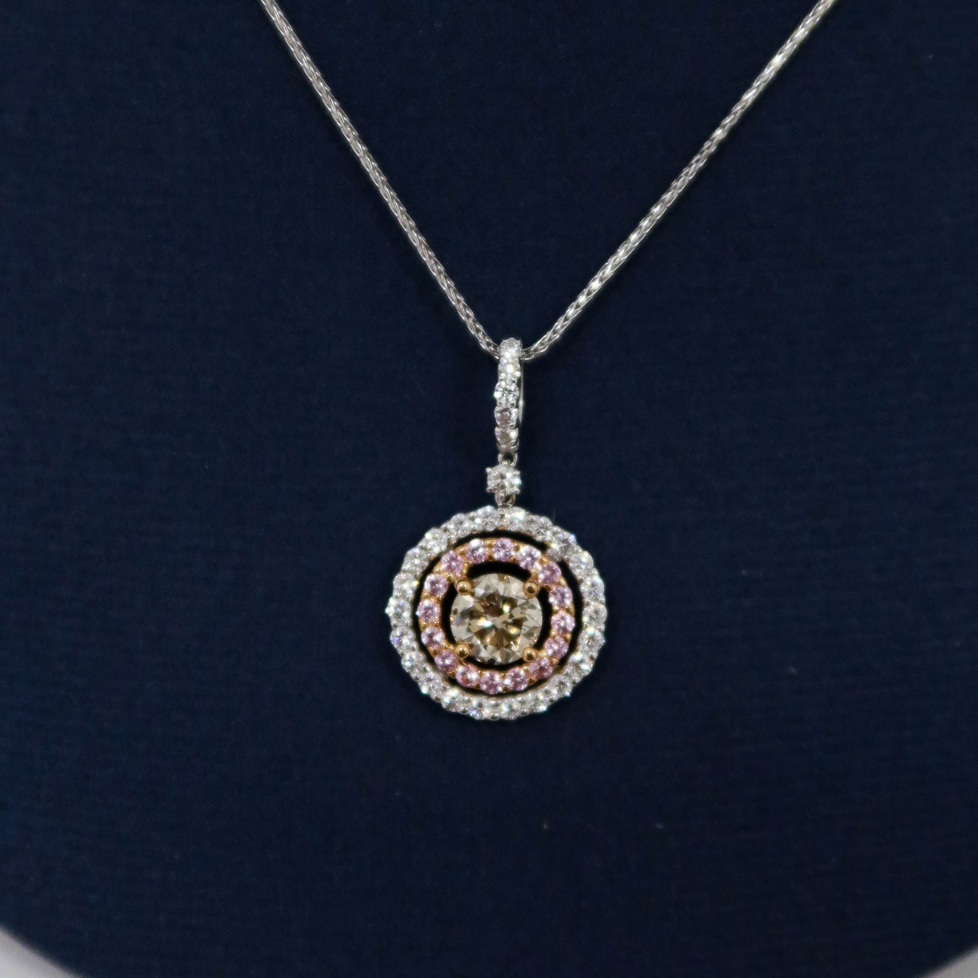 Pink Sapphire and Champagne Diamond Double Halo Pendant