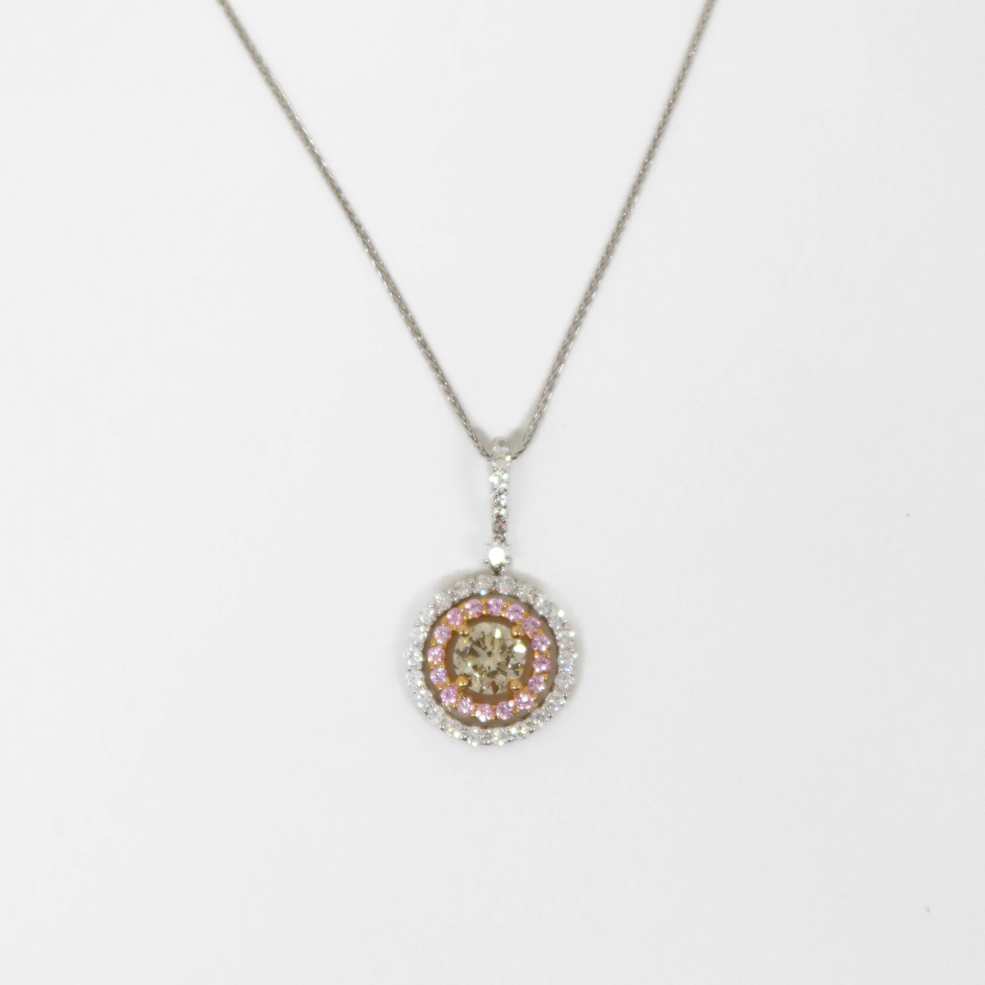 Pink Sapphire and Champagne Diamond Double Halo Pendant
