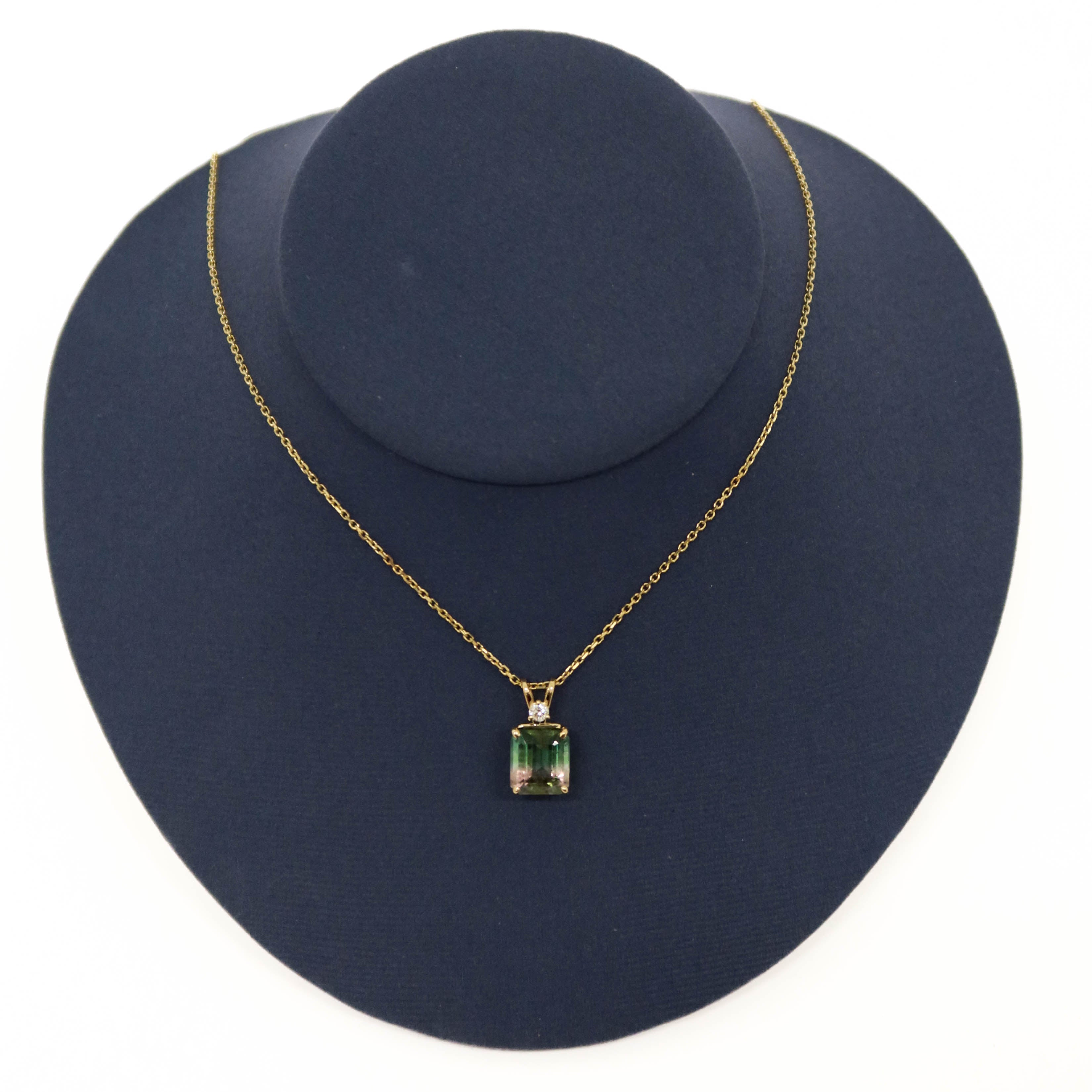 5.15ct Emerald Cut Watermelon Tourmaline and diamond pendant