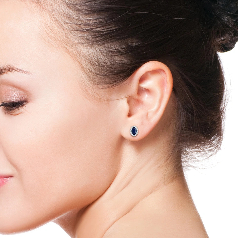 .56 CTNatural Oval Sapphire and Diamond Halo Stud Earrings White Gold