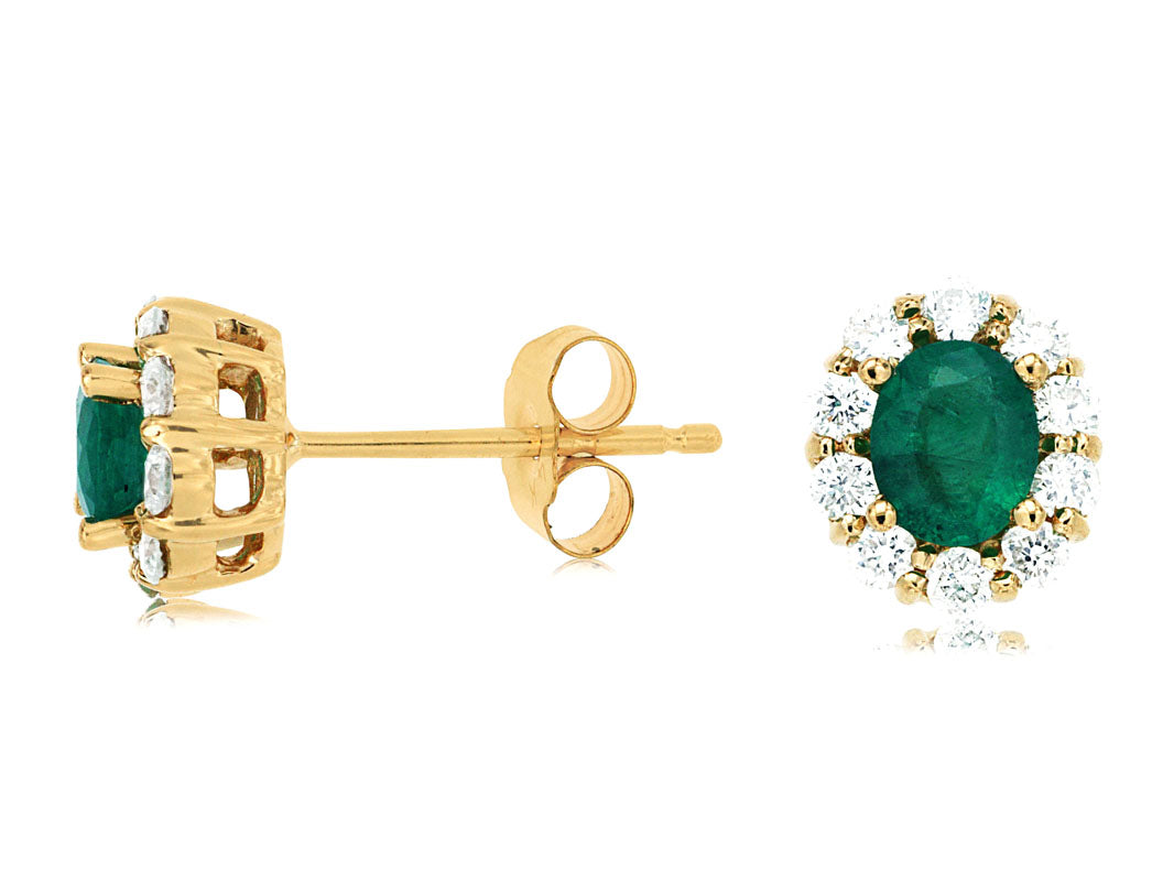 .70 CT Natural Oval Emerald and Diamond Halo Stud Earrings Yellow Gold