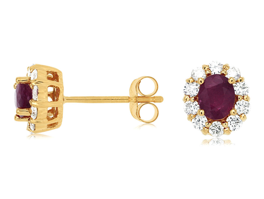 .80 CT Natural Oval Ruby and Diamond Halo Stud Earrings Yellow Gold