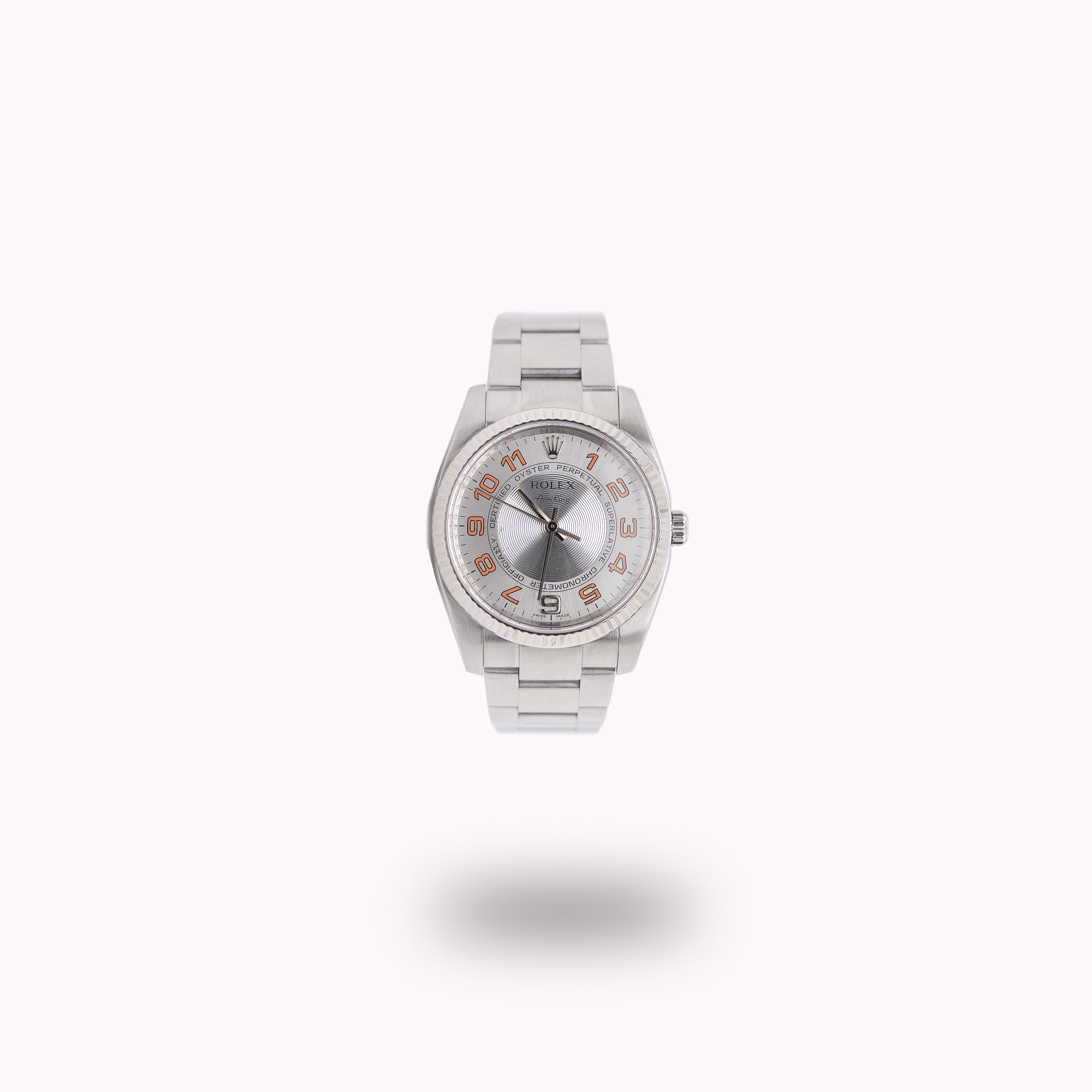 Rolex Air-King 34MM 114234 Stainless Steel White Gold Fluted Bezel Orange Concentric Dial