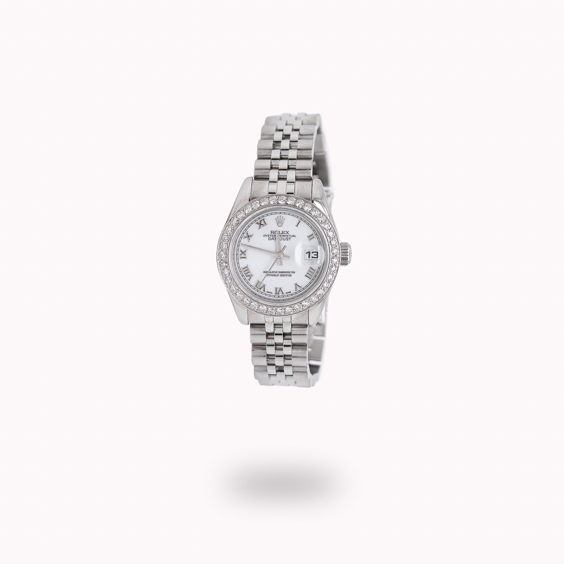 Rolex Datejust 26mm 179174 Stainless Steel White Roman Dial 1cttw Custom Diamond Bezel