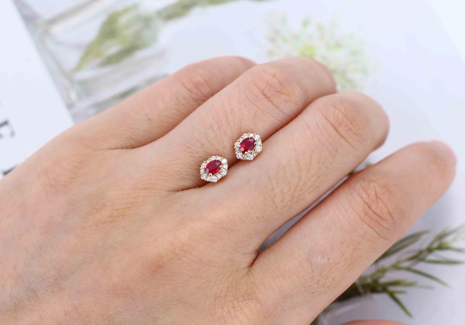 .80 CT Natural Oval Ruby and Diamond Halo Stud Earrings Yellow Gold