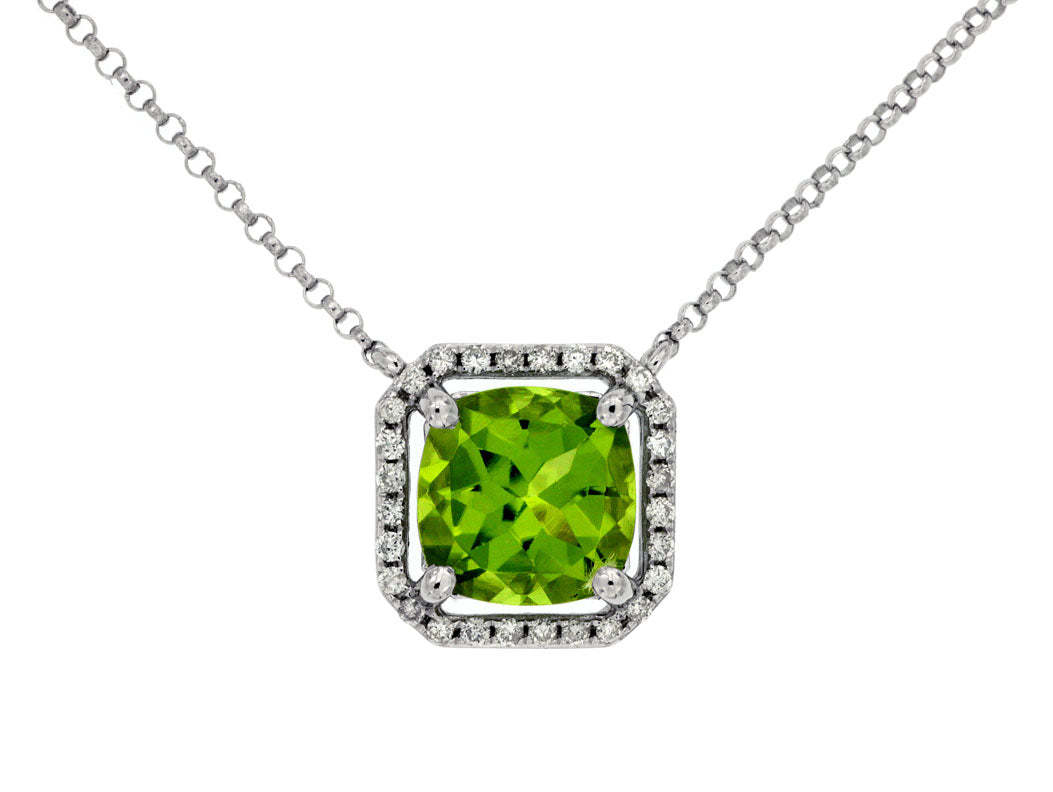Round Cut Peridot & Diamond Halo Necklace 14kt Yellow