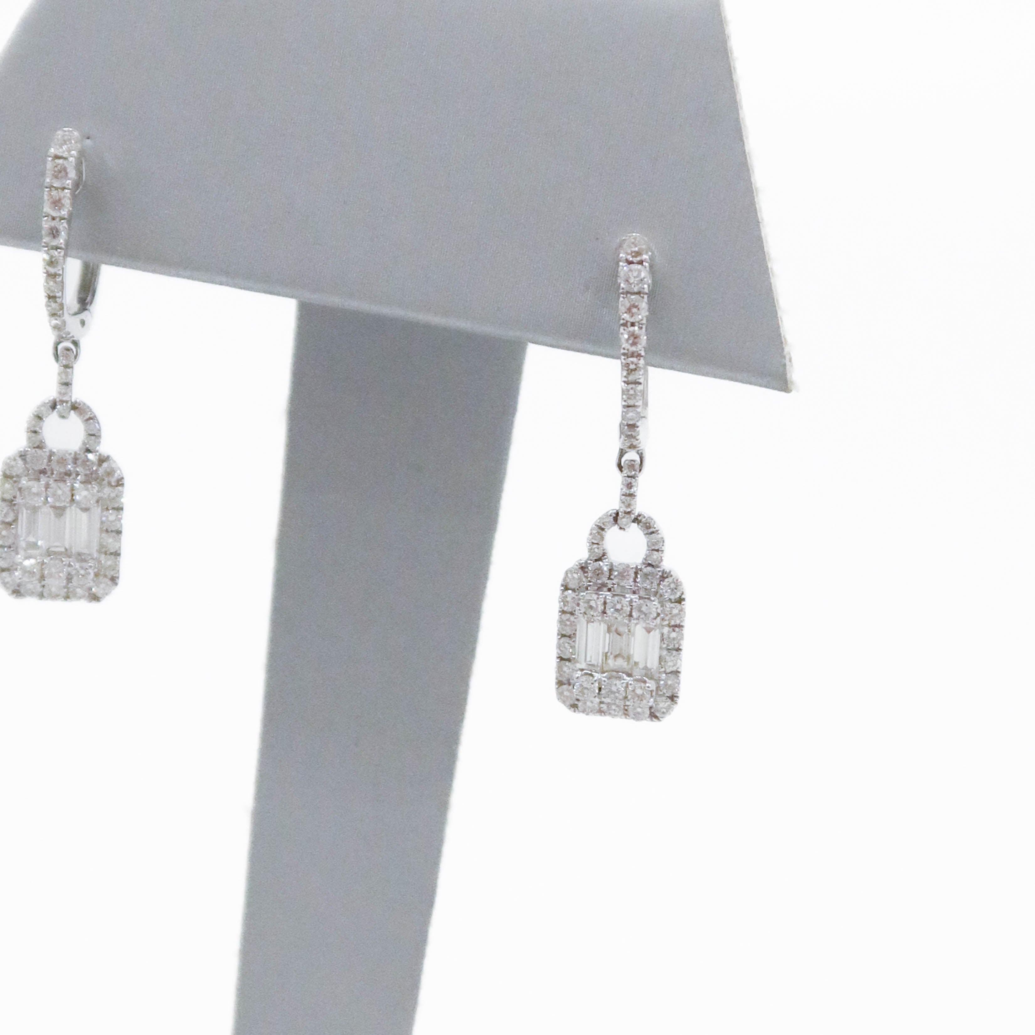 14Kt White Gold Natural Baguette Drop Hoop Diamond Earrings