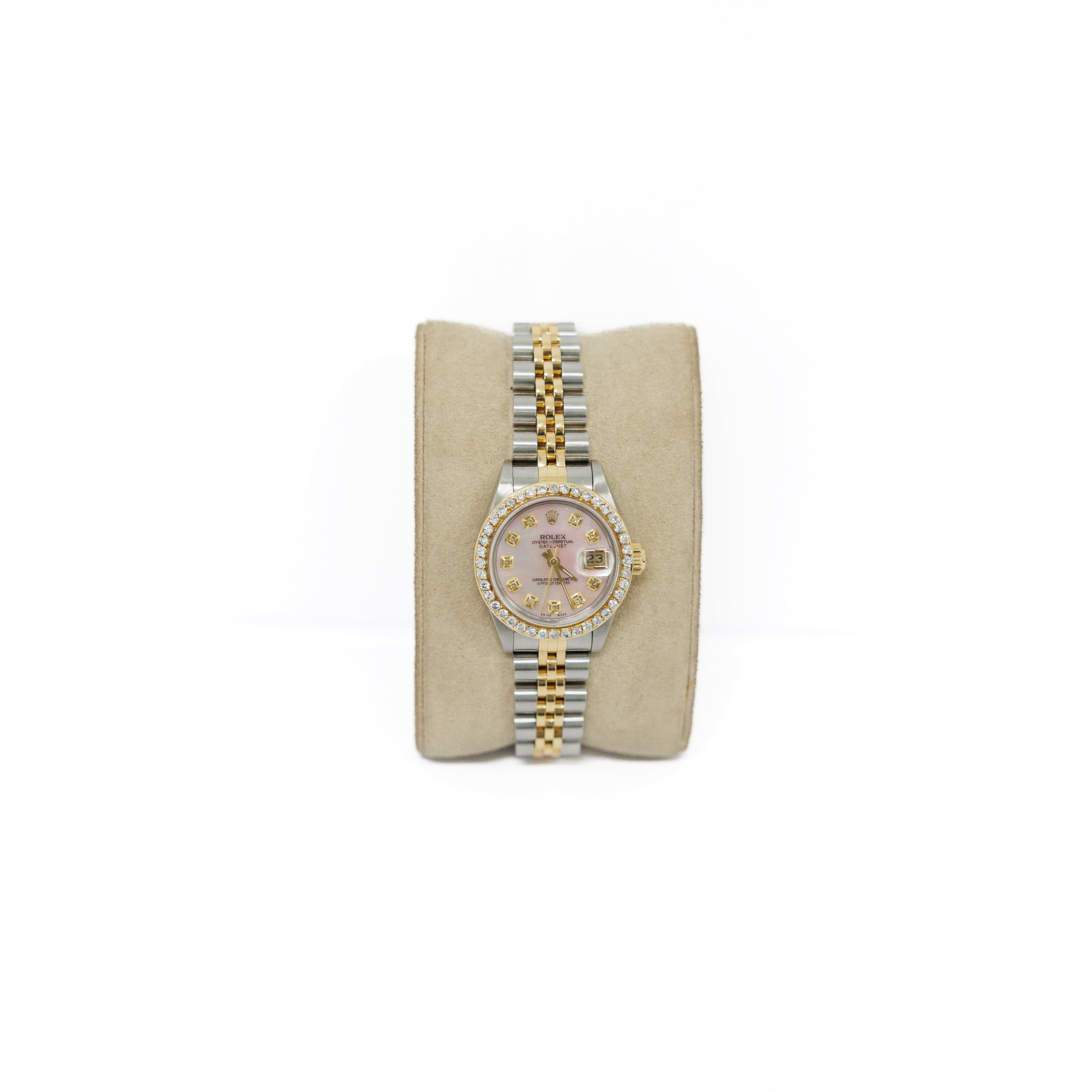 Rolex 26mm Date-Just Stainless Steel / 18KT Yellow Gold Pink MOP Diamond Dial 69173