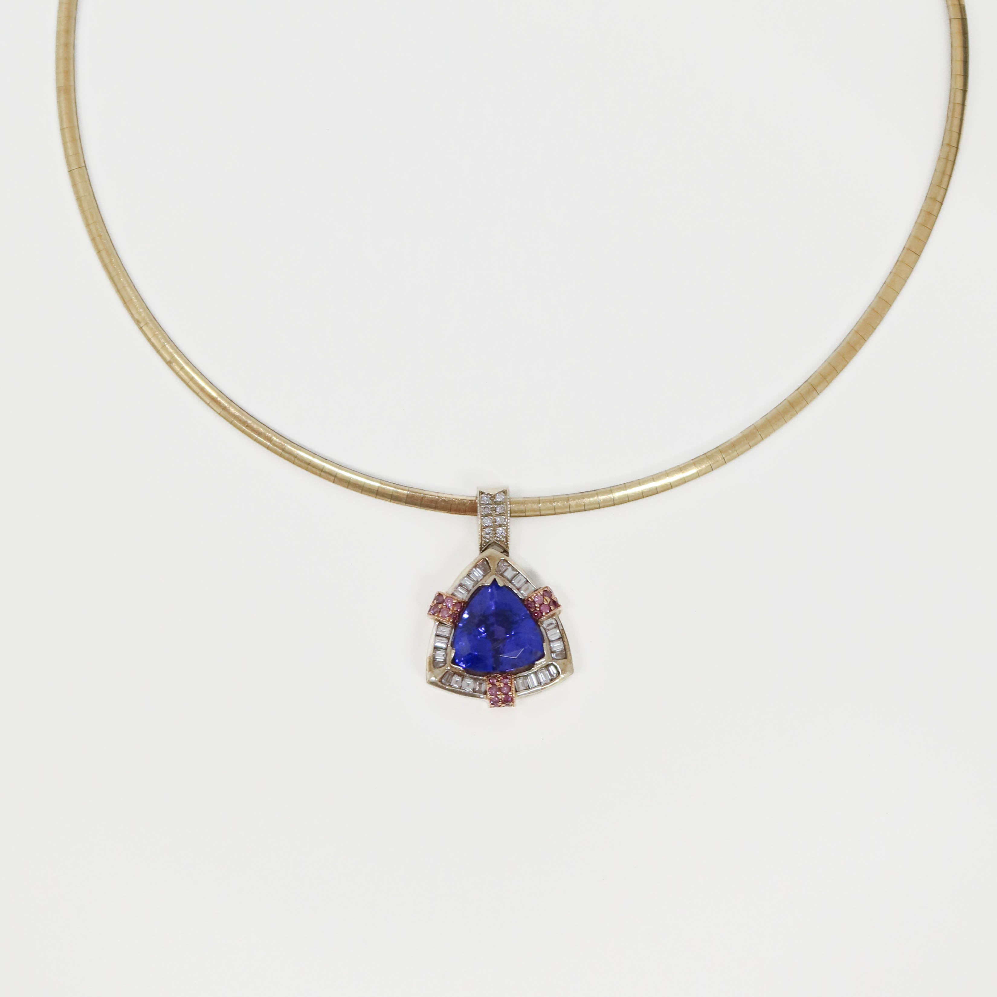 Tri-Tone Trilliant Tanzanite and Diamond Omega Necklace