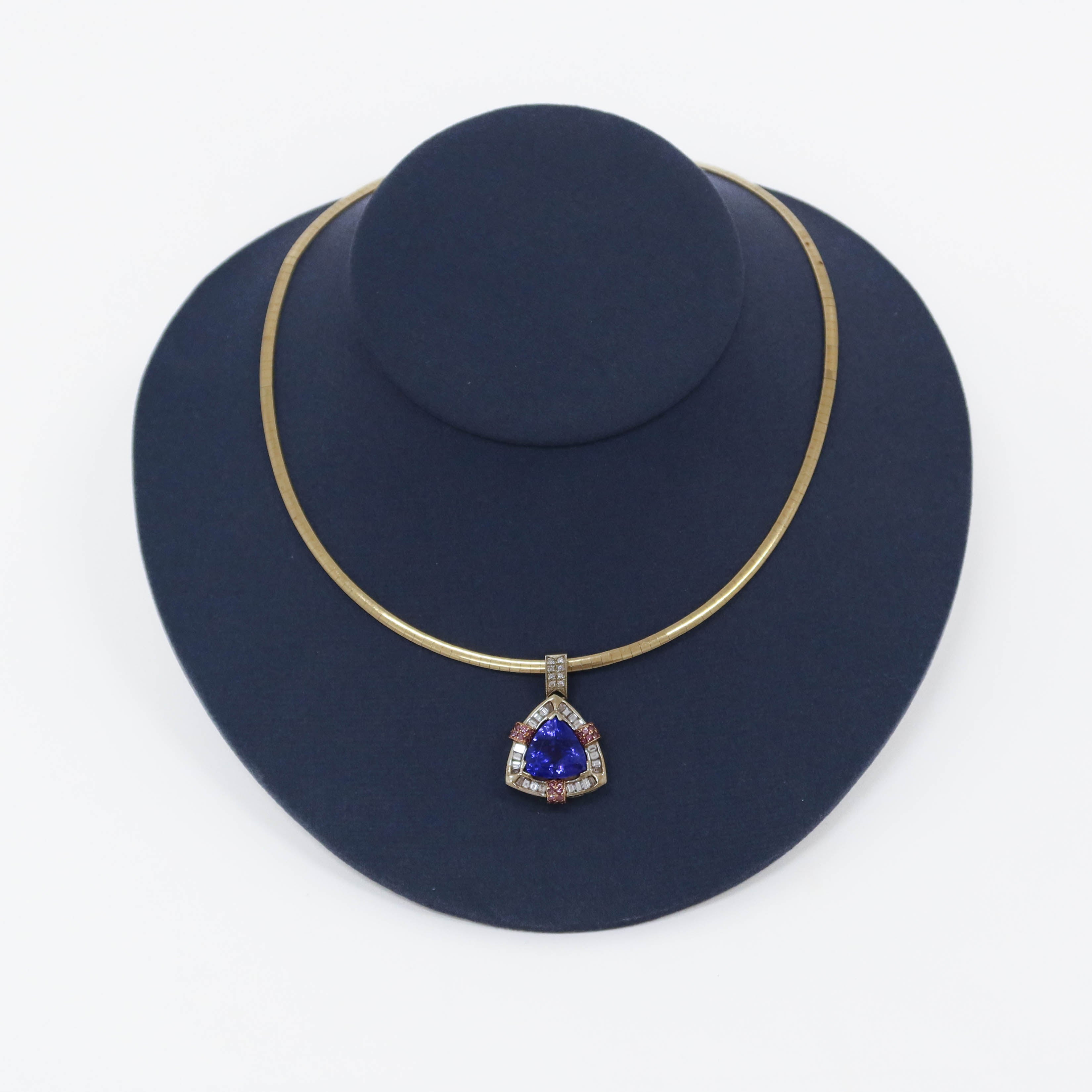 Tri-Tone Trilliant Tanzanite and Diamond Omega Necklace