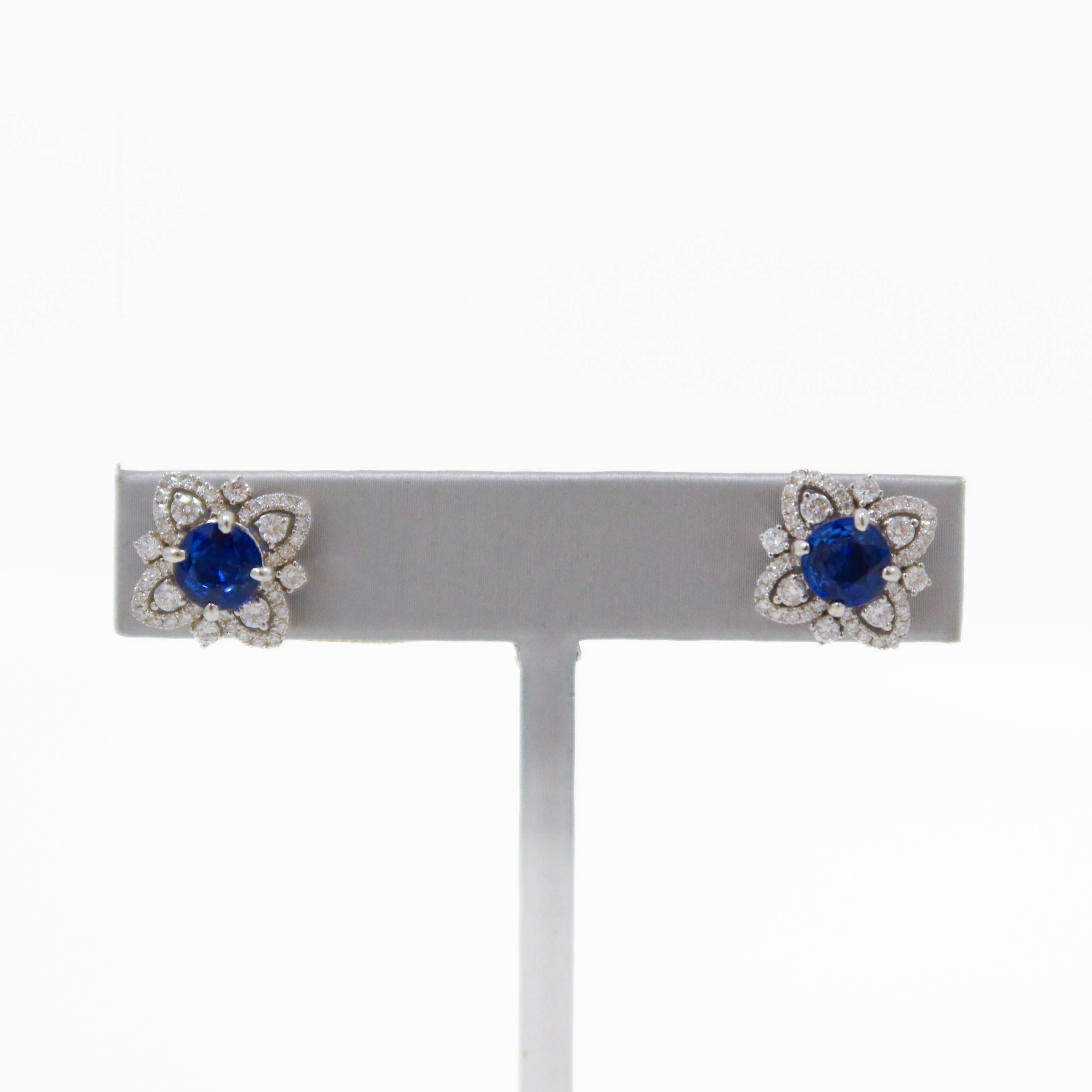 Natural Sloane Sapphire and Diamond Flower Stud Earrings