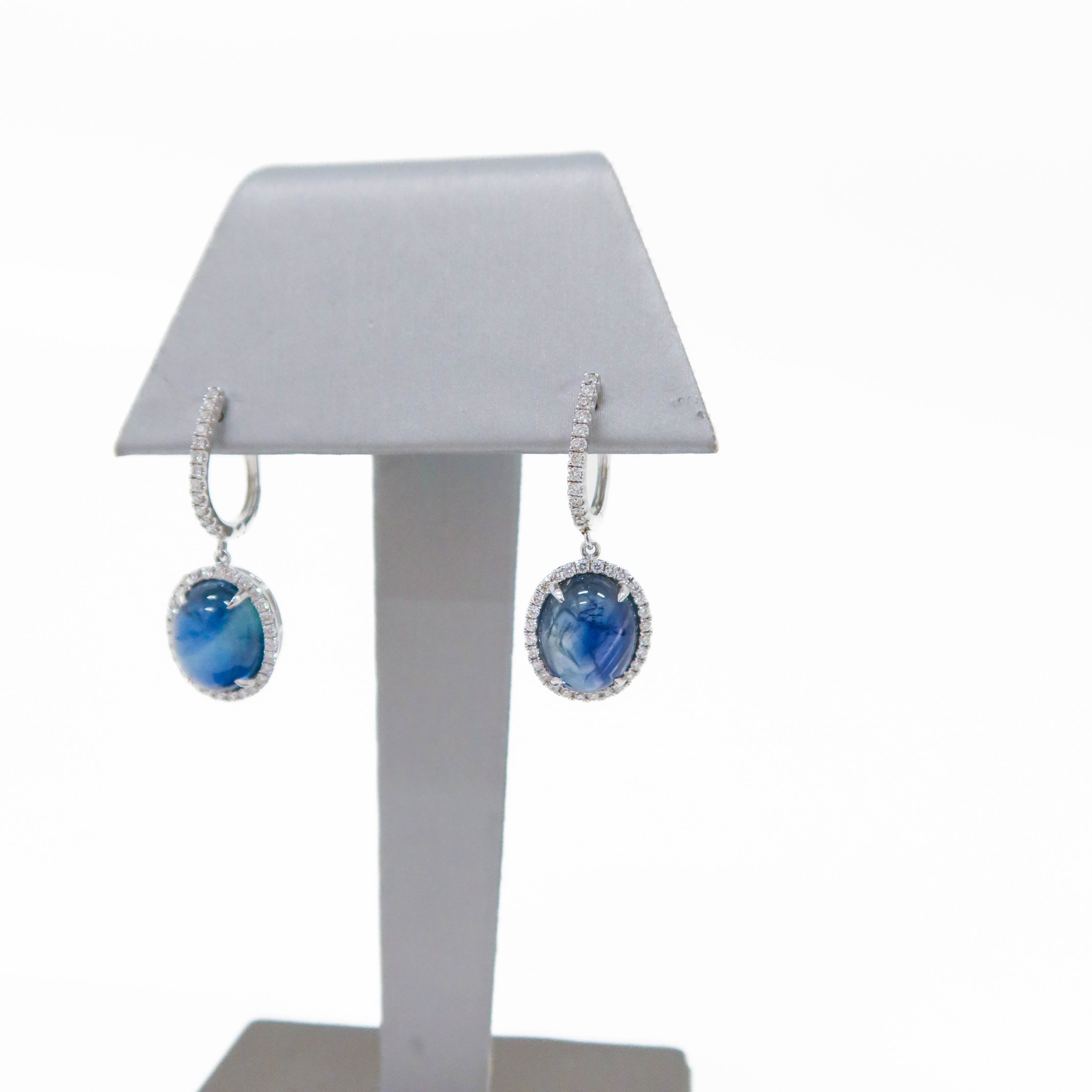 Oval Cabochon Sapphire Diamond Huggie Drop Earrings