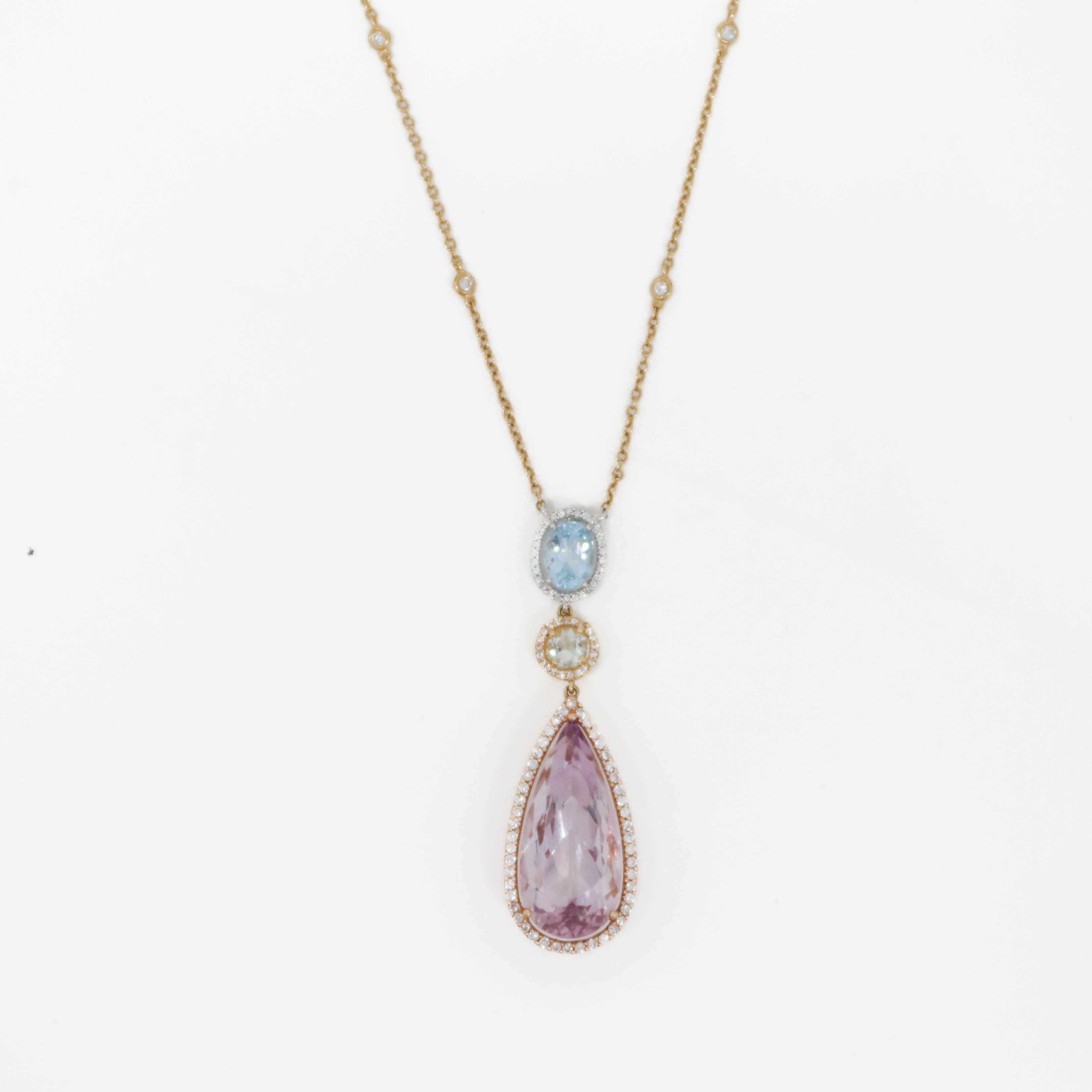 Custom Aquamarine Zircon Amethyst Diamond Station Drop Necklace