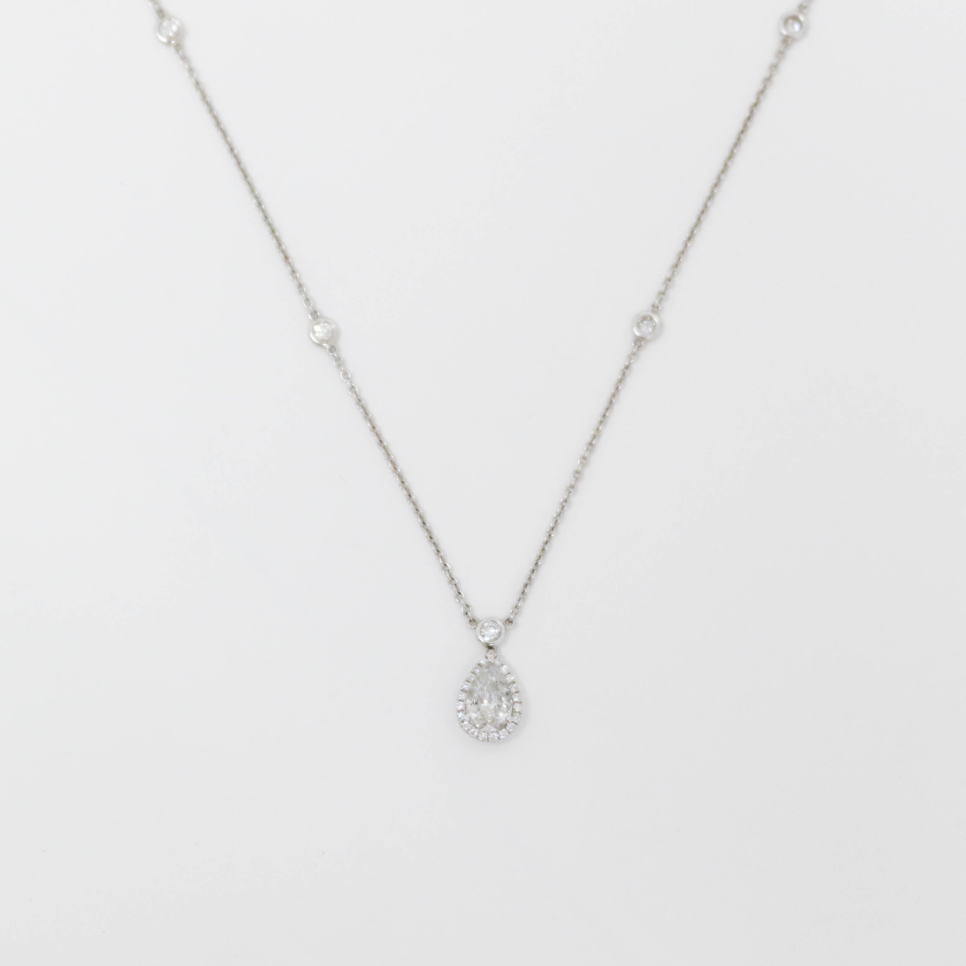 White Gold Pear Shape Diamond Station Drop Necklace