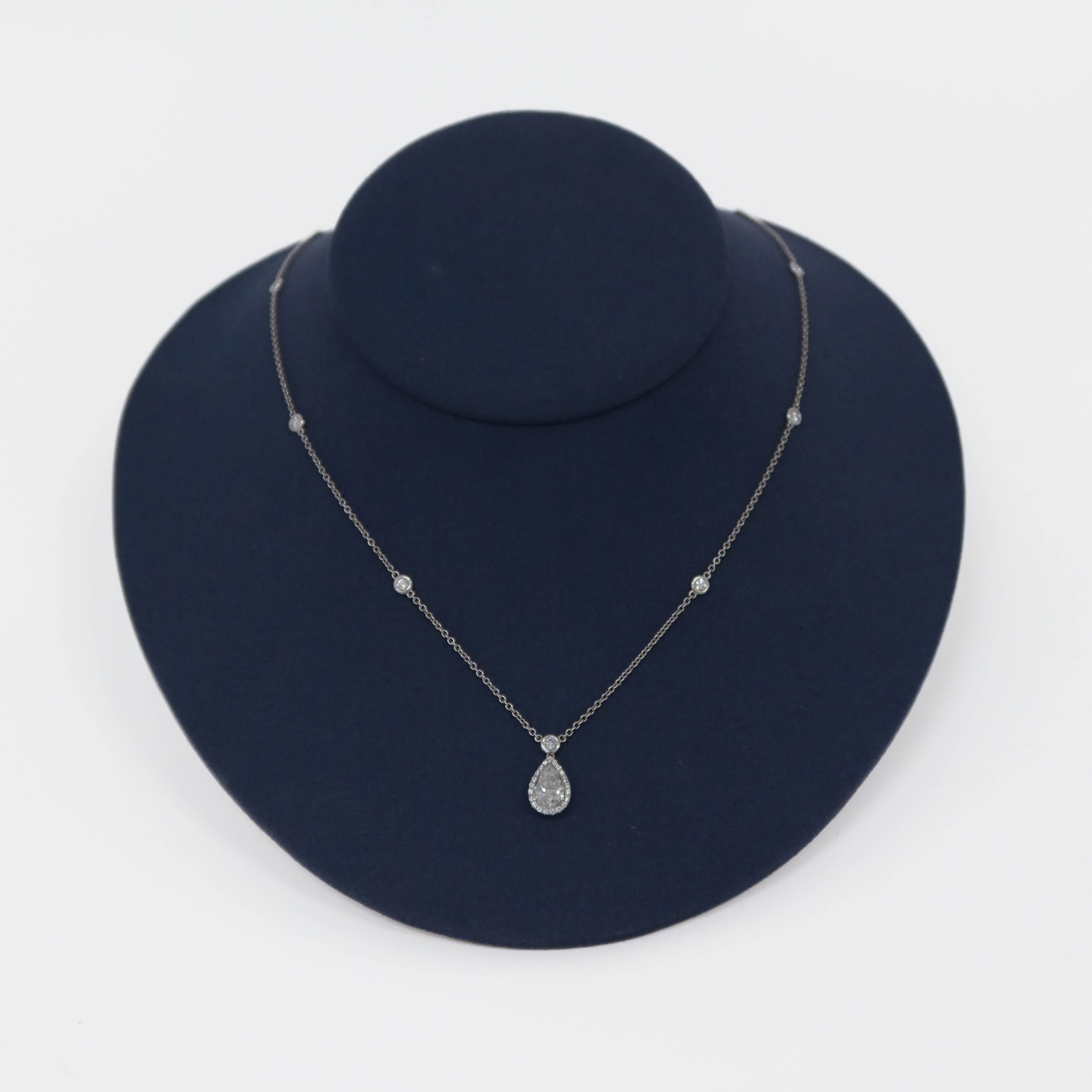 White Gold Pear Shape Diamond Station Drop Necklace