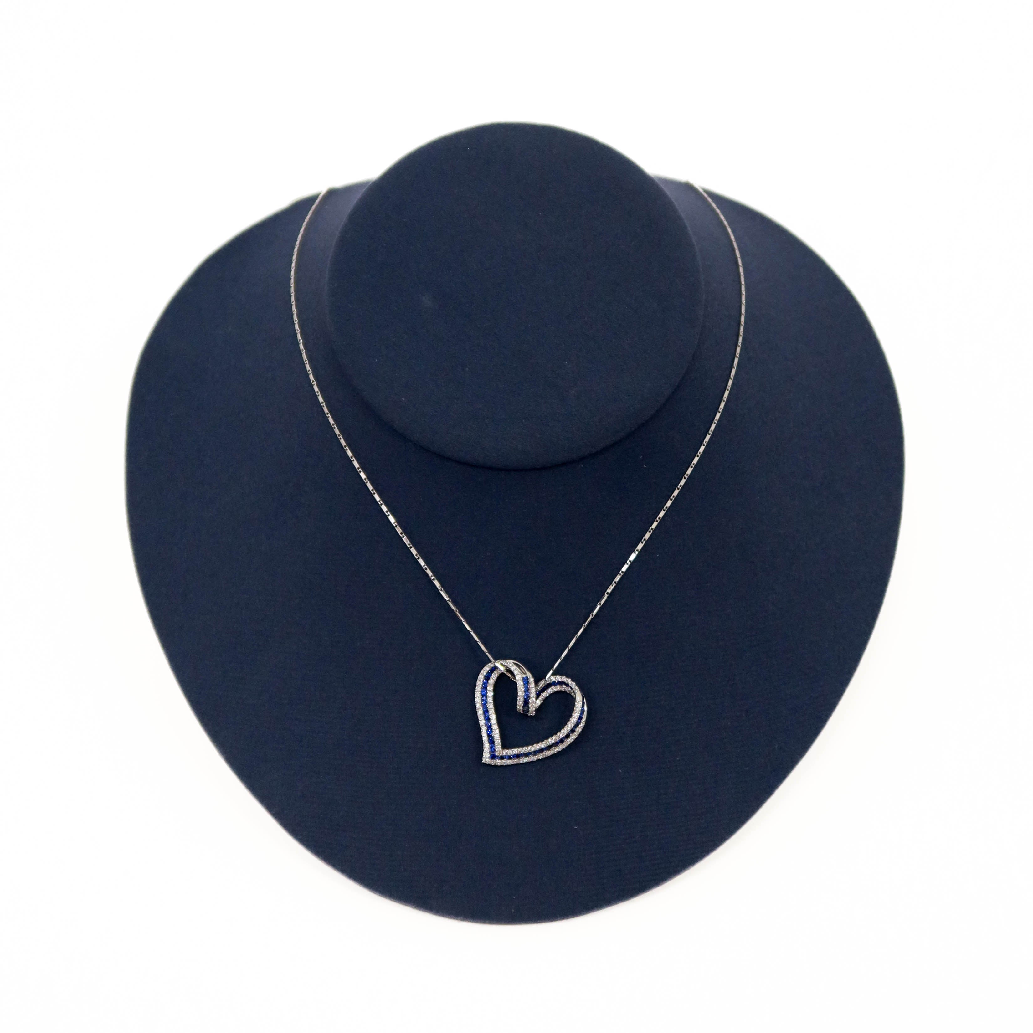 Sapphire and Diamond Curved Heart Necklace White Gold