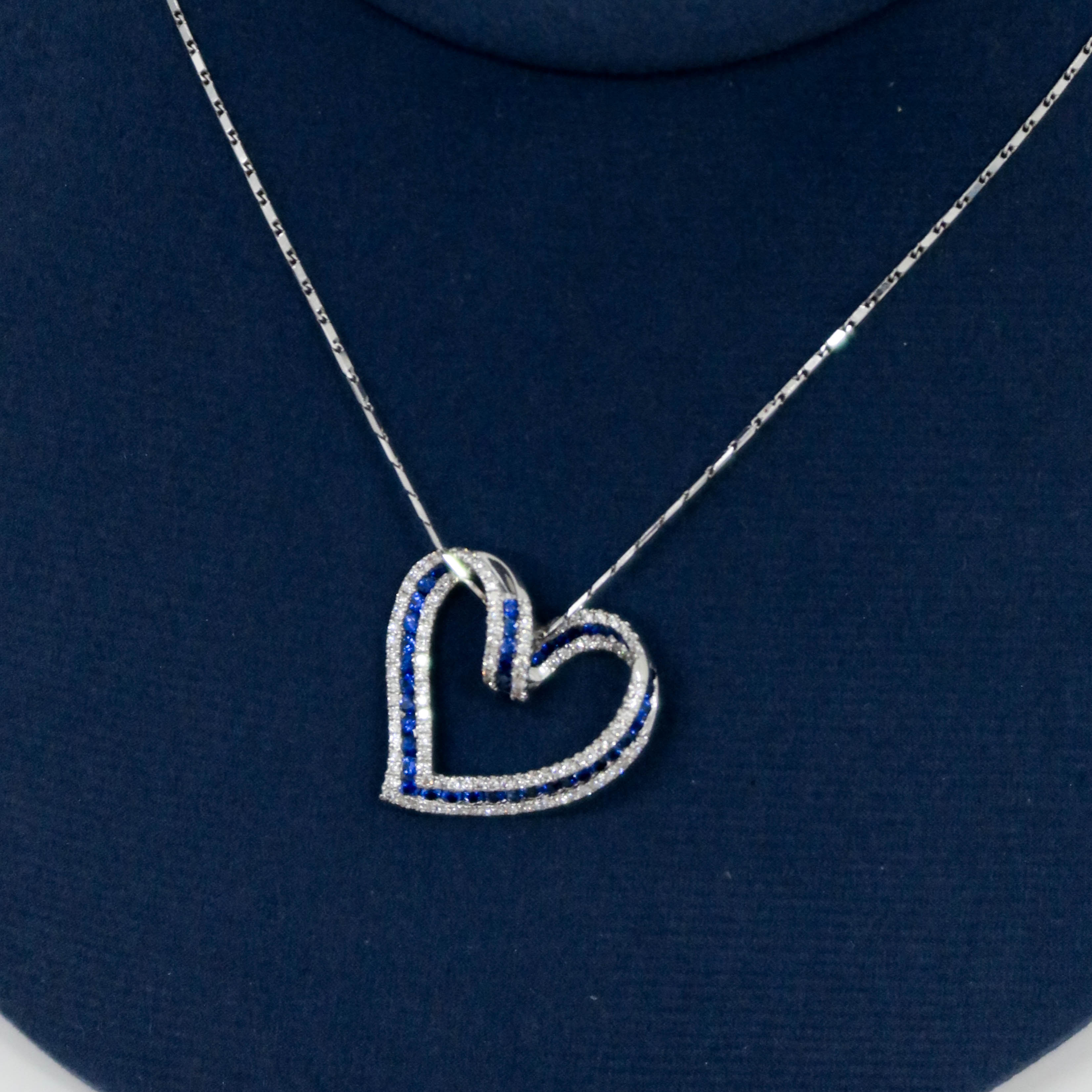 Sapphire and Diamond Curved Heart Necklace White Gold