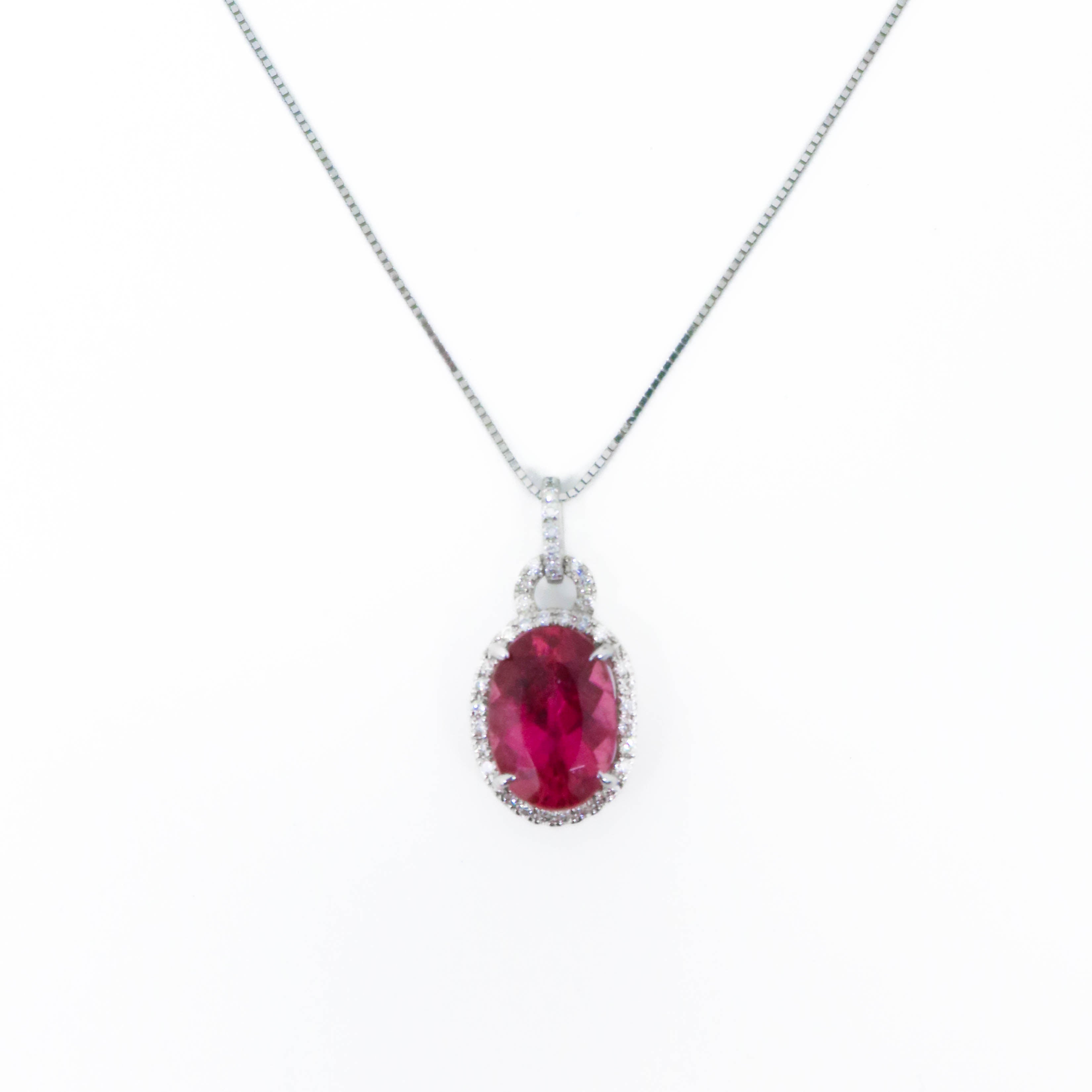 4.10ct Natural Oval Pink Tourmaline and Diamond Halo Link Pendant Necklace