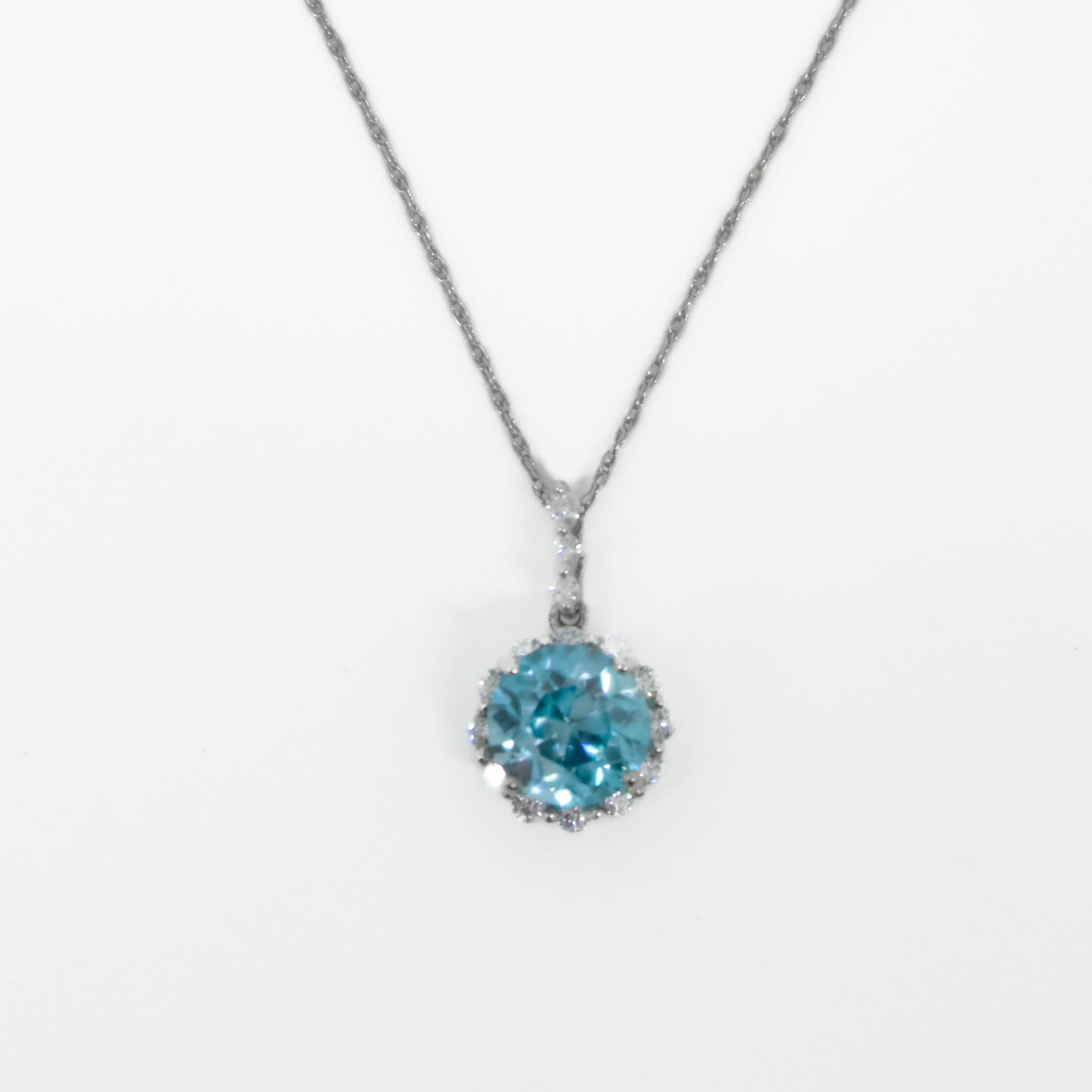 Natural Blue Zircon and Diamond Halo Pendant Necklace