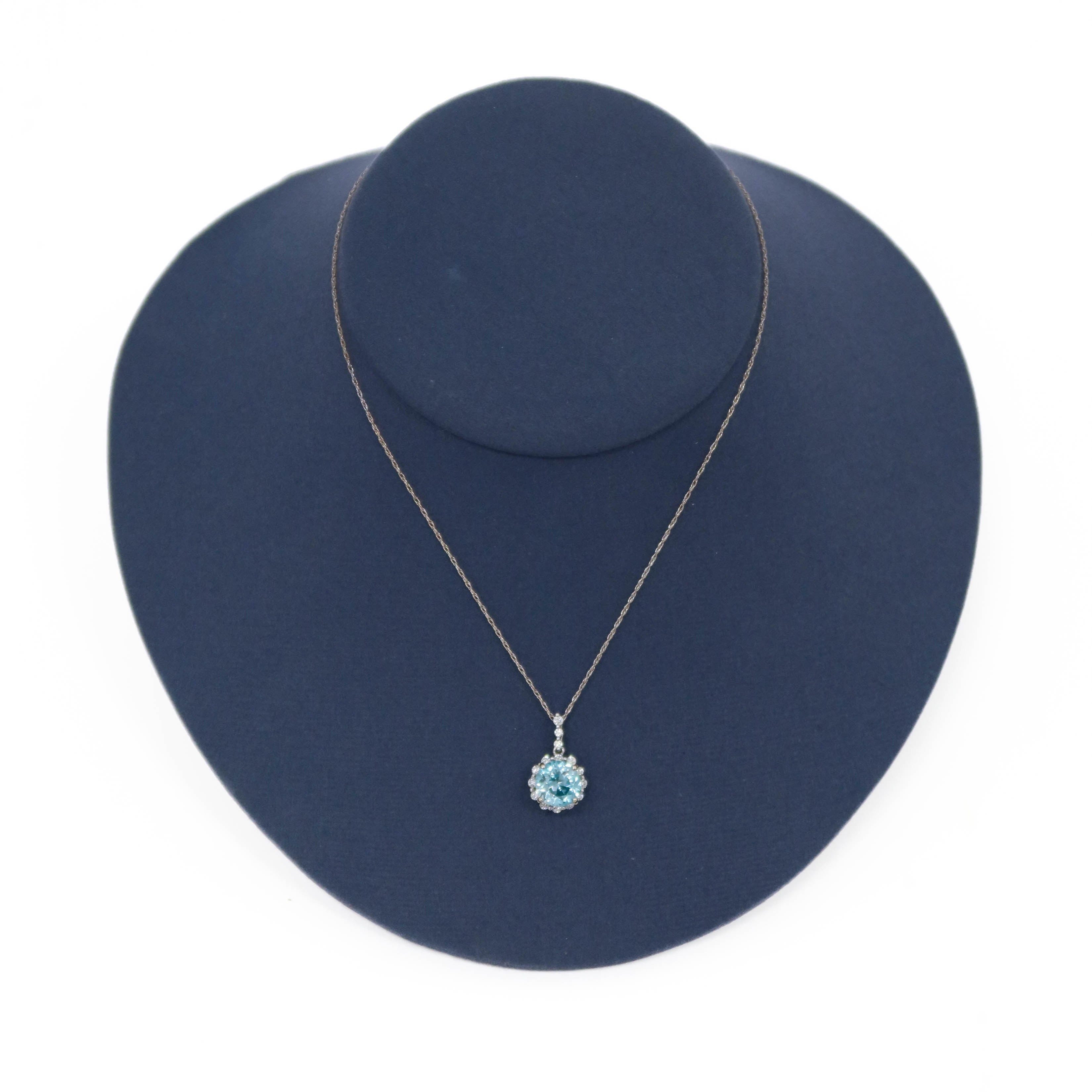 Natural Blue Zircon and Diamond Halo Pendant Necklace