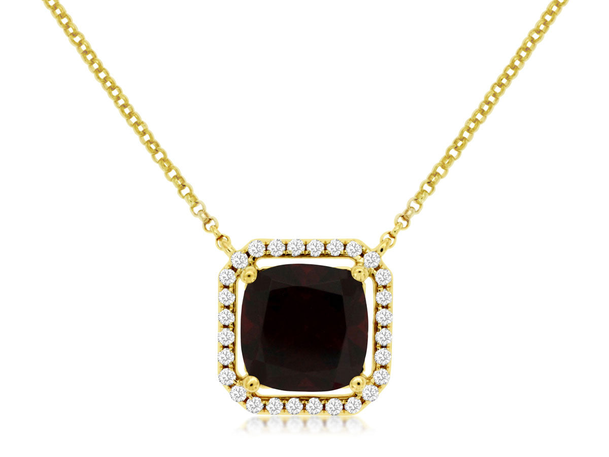 Cushion Cut Garnet & Diamond Pendant Necklace 14kt Yellow