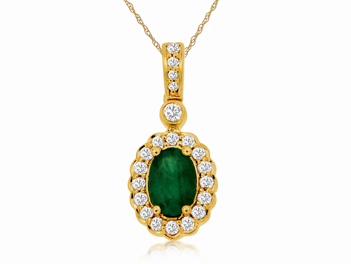 Oval Emerald & Diamond Halo Pendant Necklace 14kt Yellow