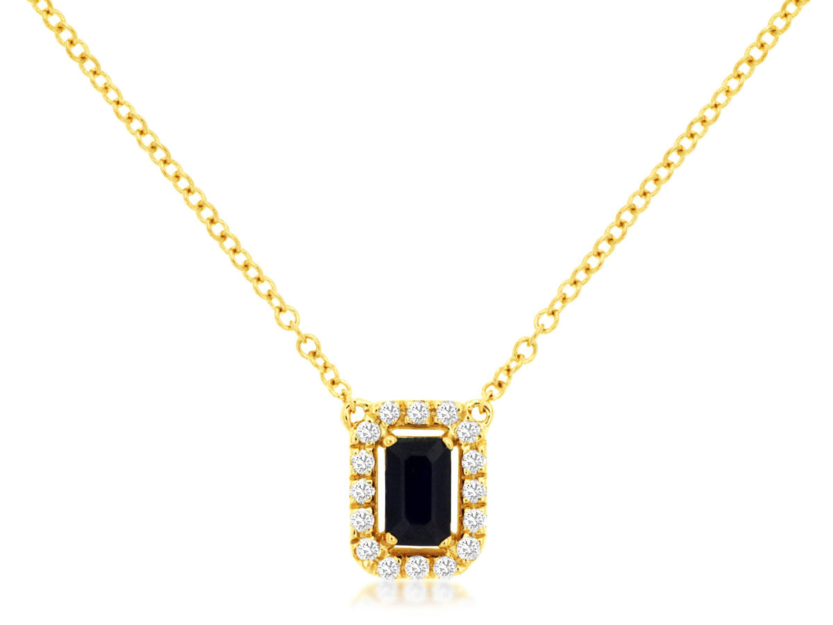 Sapphire Diamond Halo Emerald Cut Pendant Necklace Yellow Gold