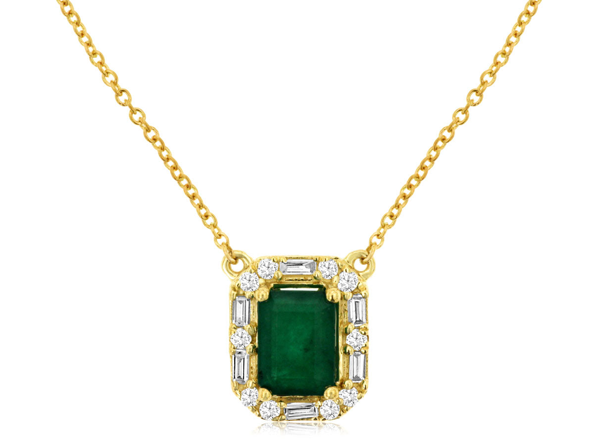 1.00ct Emerald Diamond Halo Pendant Necklace Yellow Gold