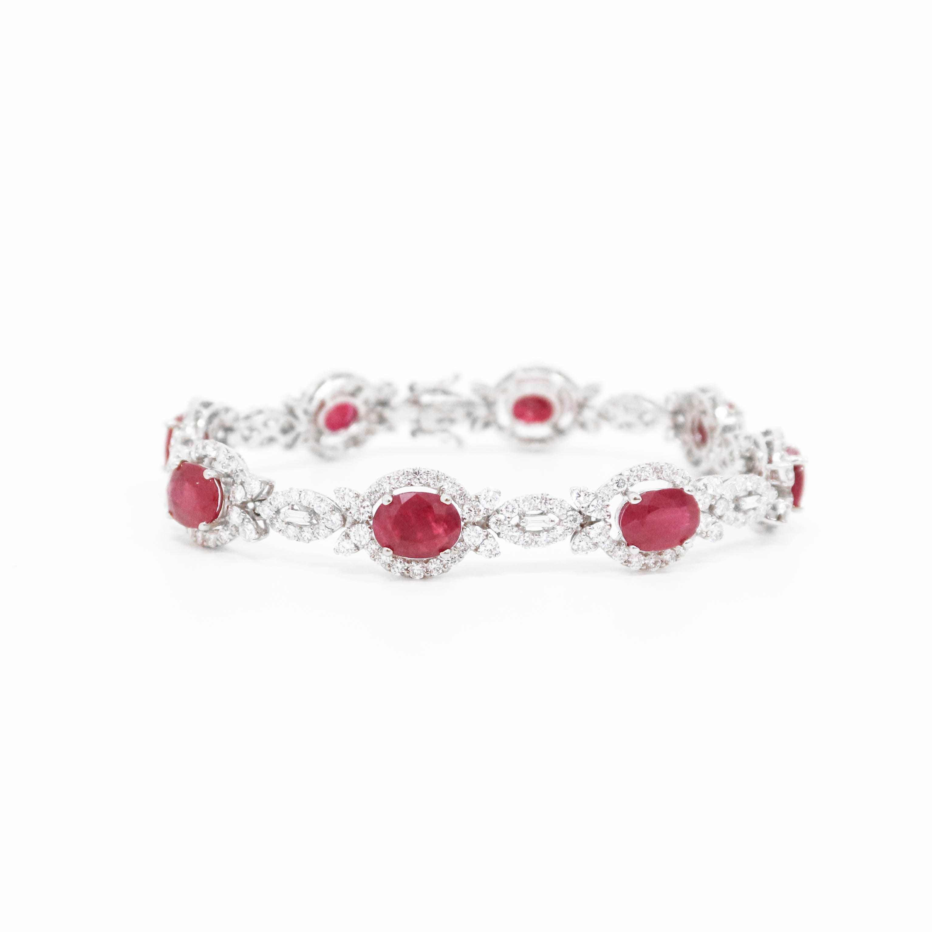 Oval Cut Natural Ruby Diamond Bracelet - 14kt White Gold