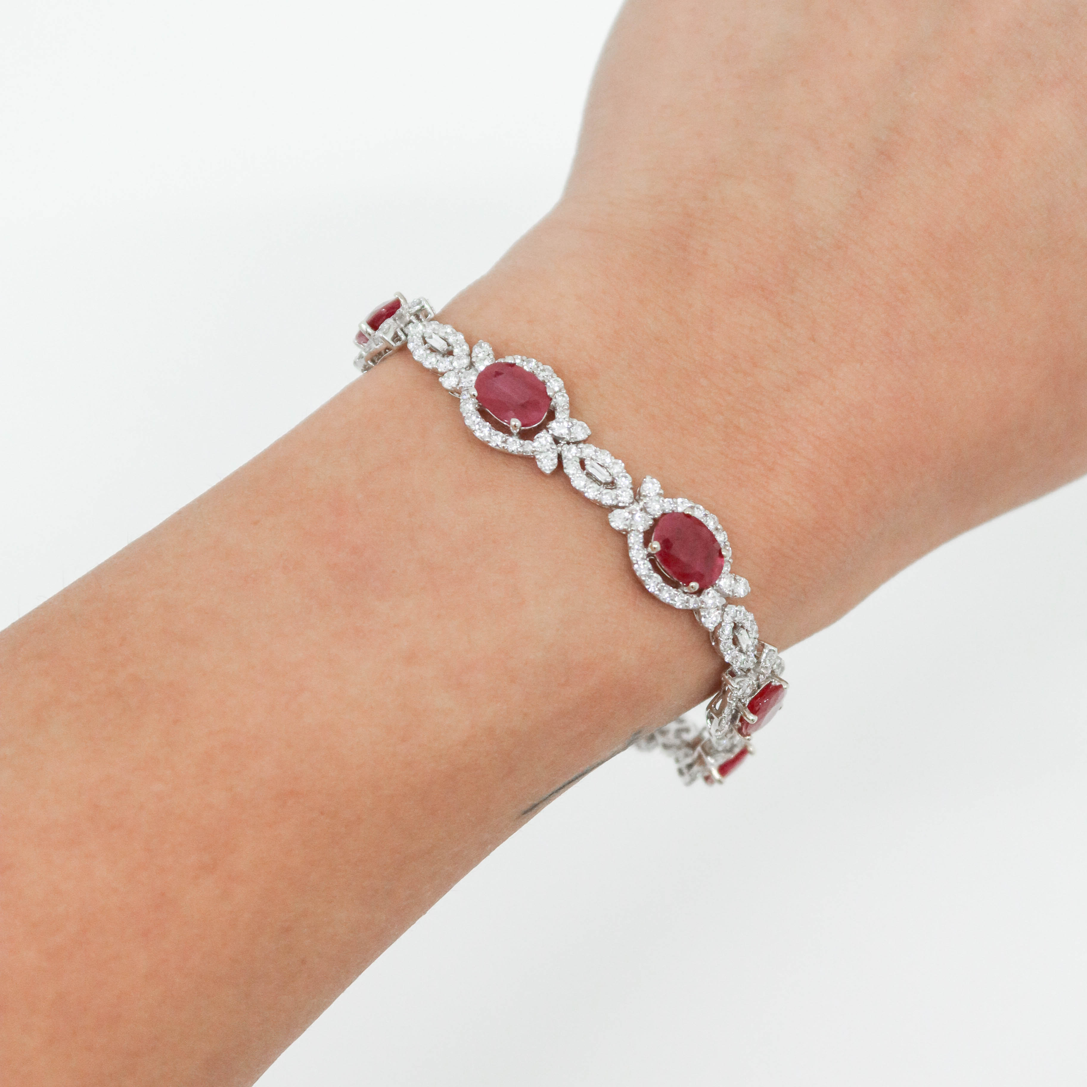 Oval Cut Natural Ruby Diamond Bracelet - 14kt White Gold