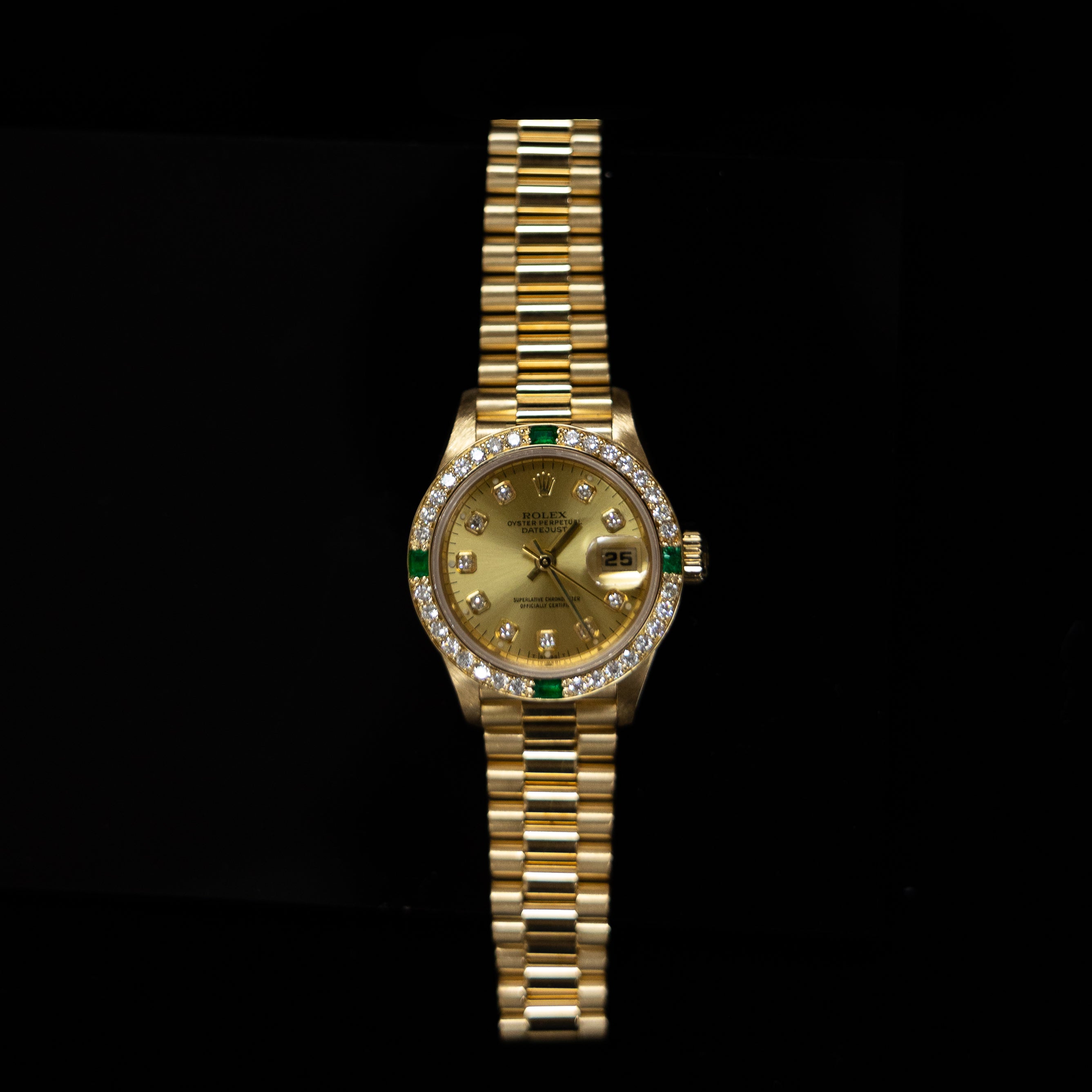 Rolex Lady-Datejust 26mm 18K Yellow Gold President Custom Diamond Dial Diamond & Emerald Bezel Ref. 69178