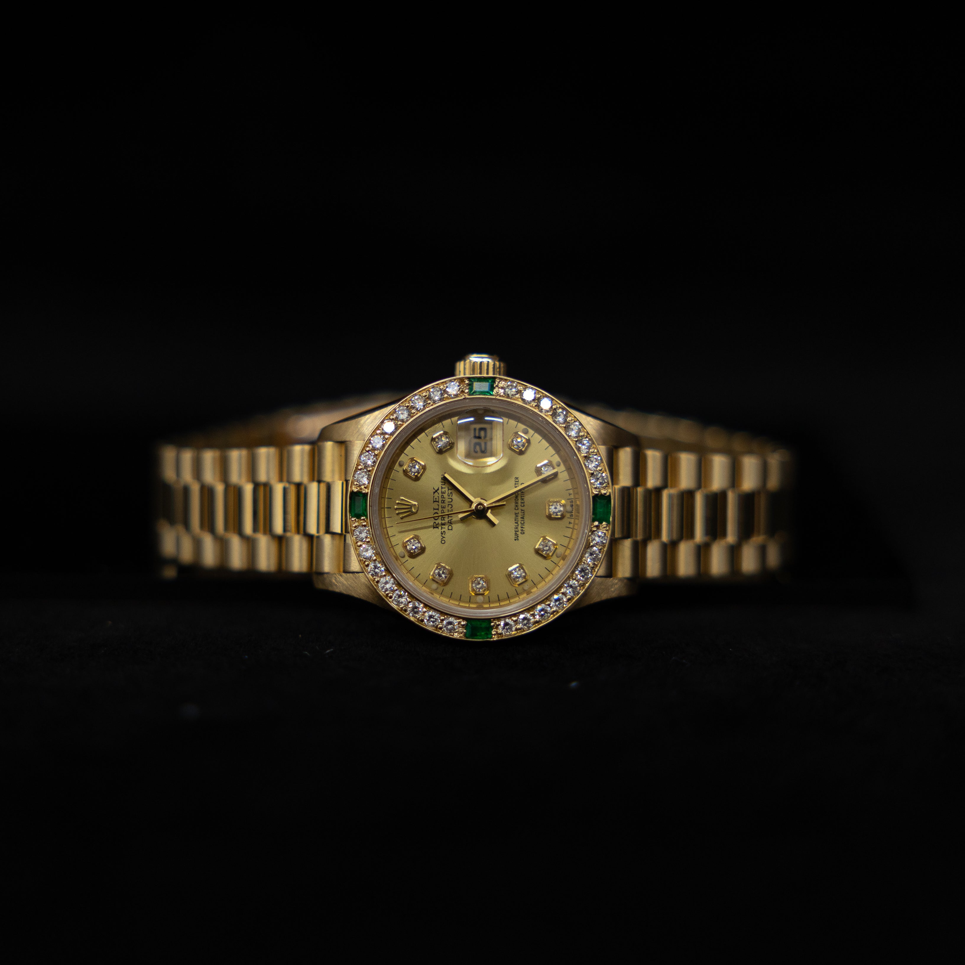 Rolex Lady-Datejust 26mm 18K Yellow Gold President Custom Diamond Dial Diamond & Emerald Bezel Ref. 69178