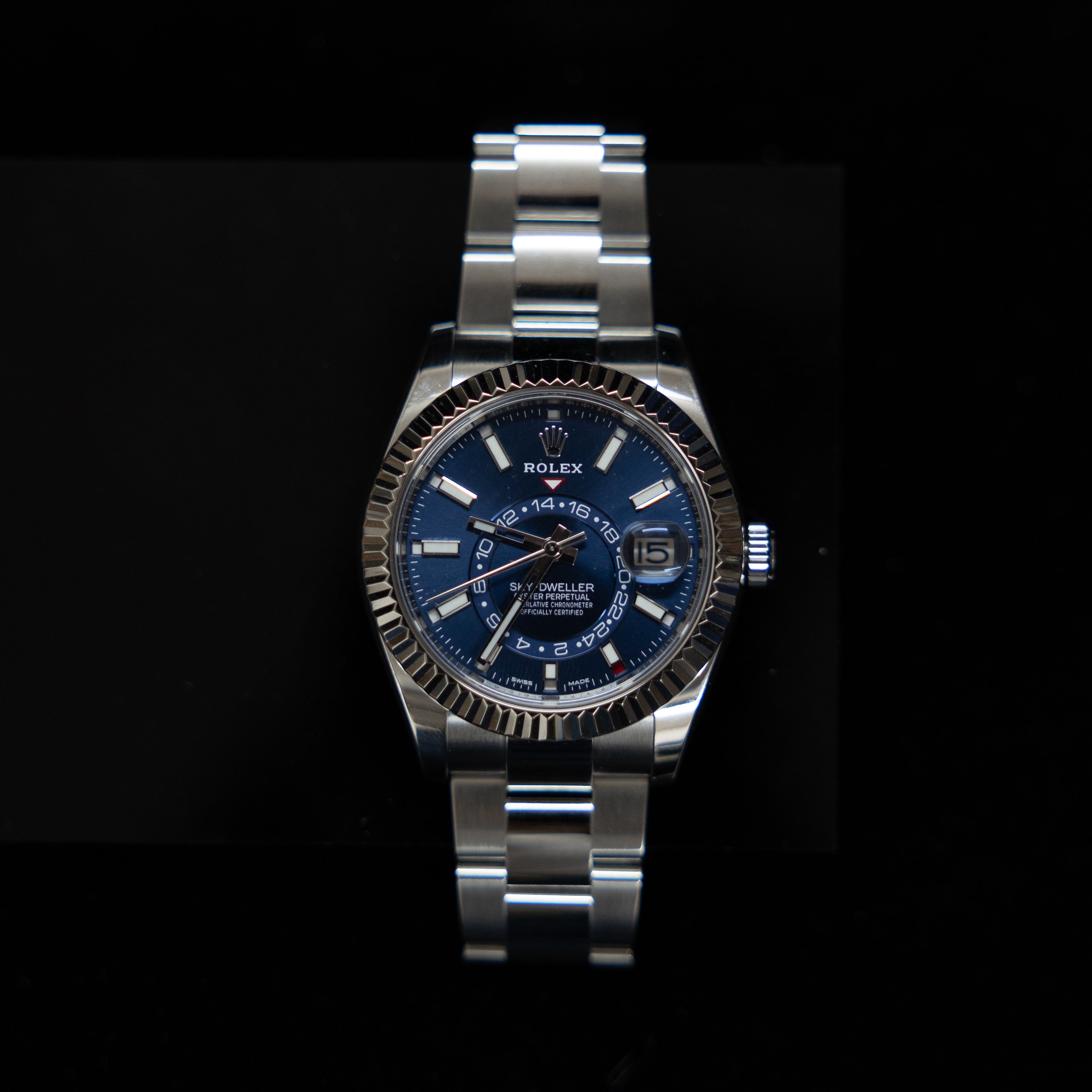 Rolex Sky-Dweller Stainless Steel & White Gold Blue Dial Fluted Bezel 42mm Ref. 326934 Oyster Bracelet