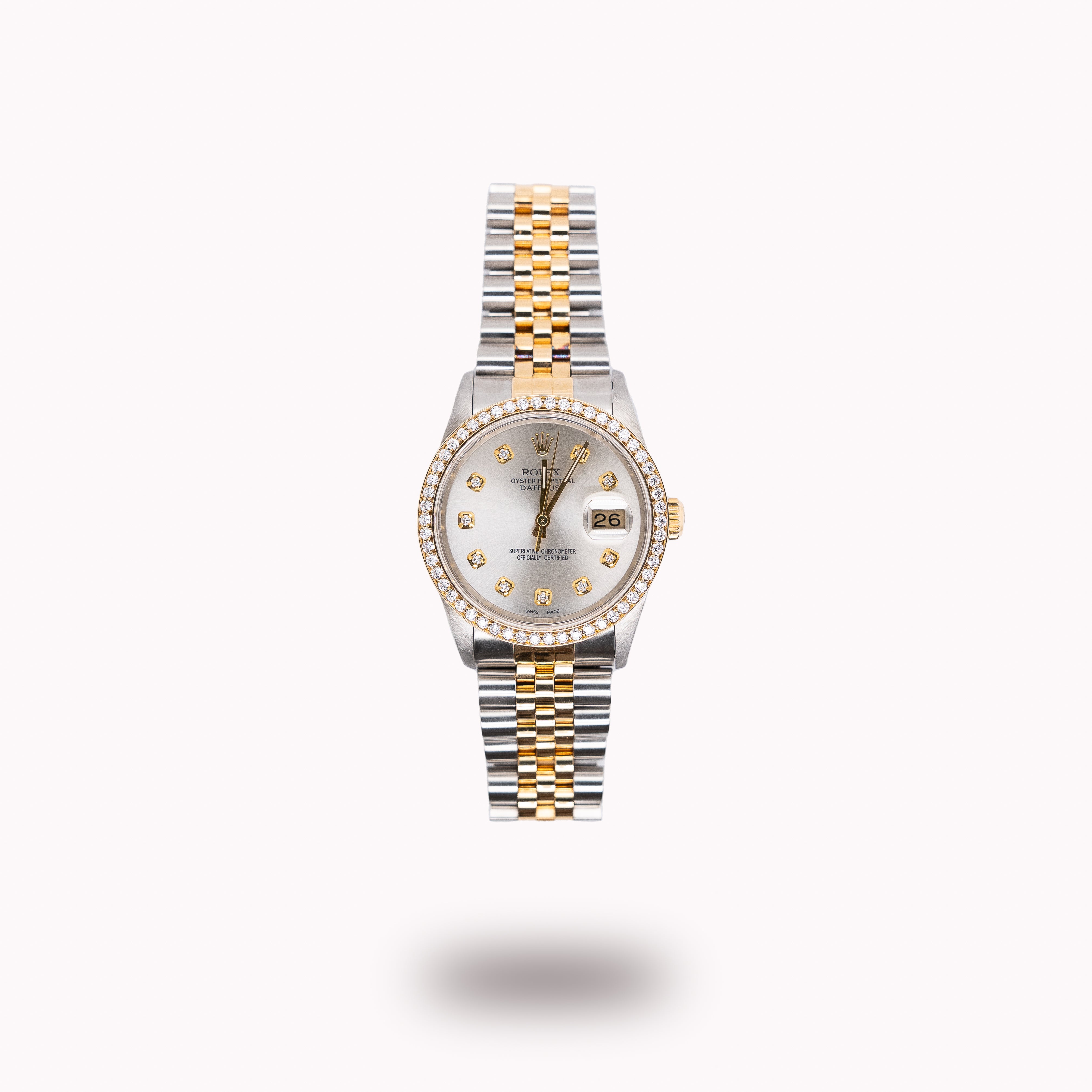 Rolex Datejust 36mm 16233Steel & 18k Yellow Gold Silver Diamond Dial w/ Custom Diamond Bezel
