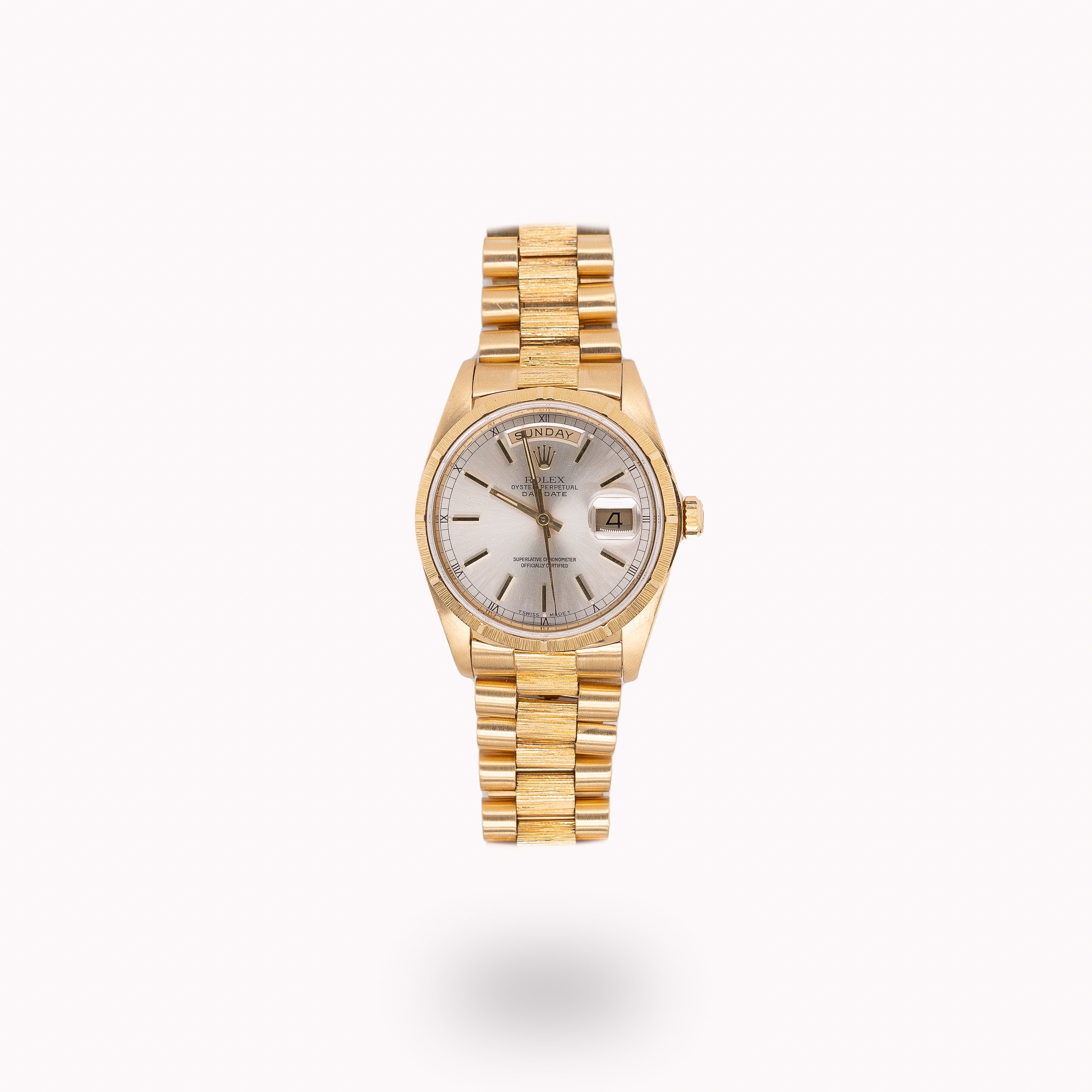 Rolex Day-Date 18078 36mm Silver Stick Dial Bark Finish 18k Yellow Gold President