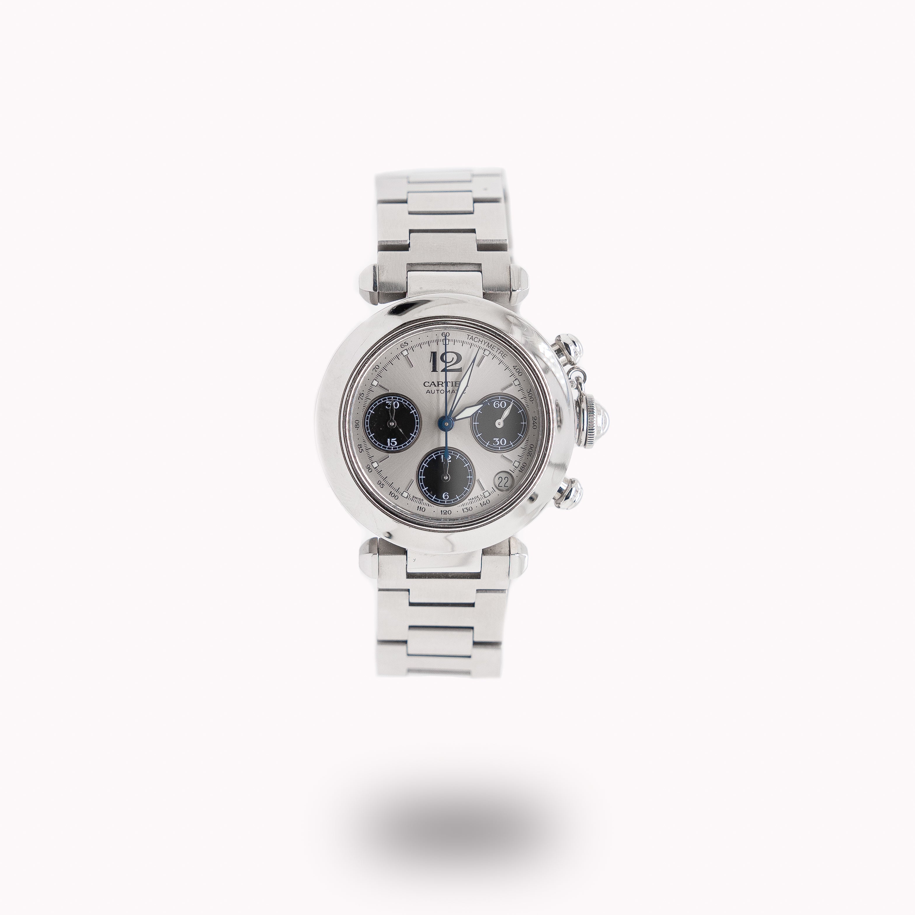 Cartier Pasha Chronograph 2412 Automatic 38MM Stainless Steel White Dial Black Sub-Dials