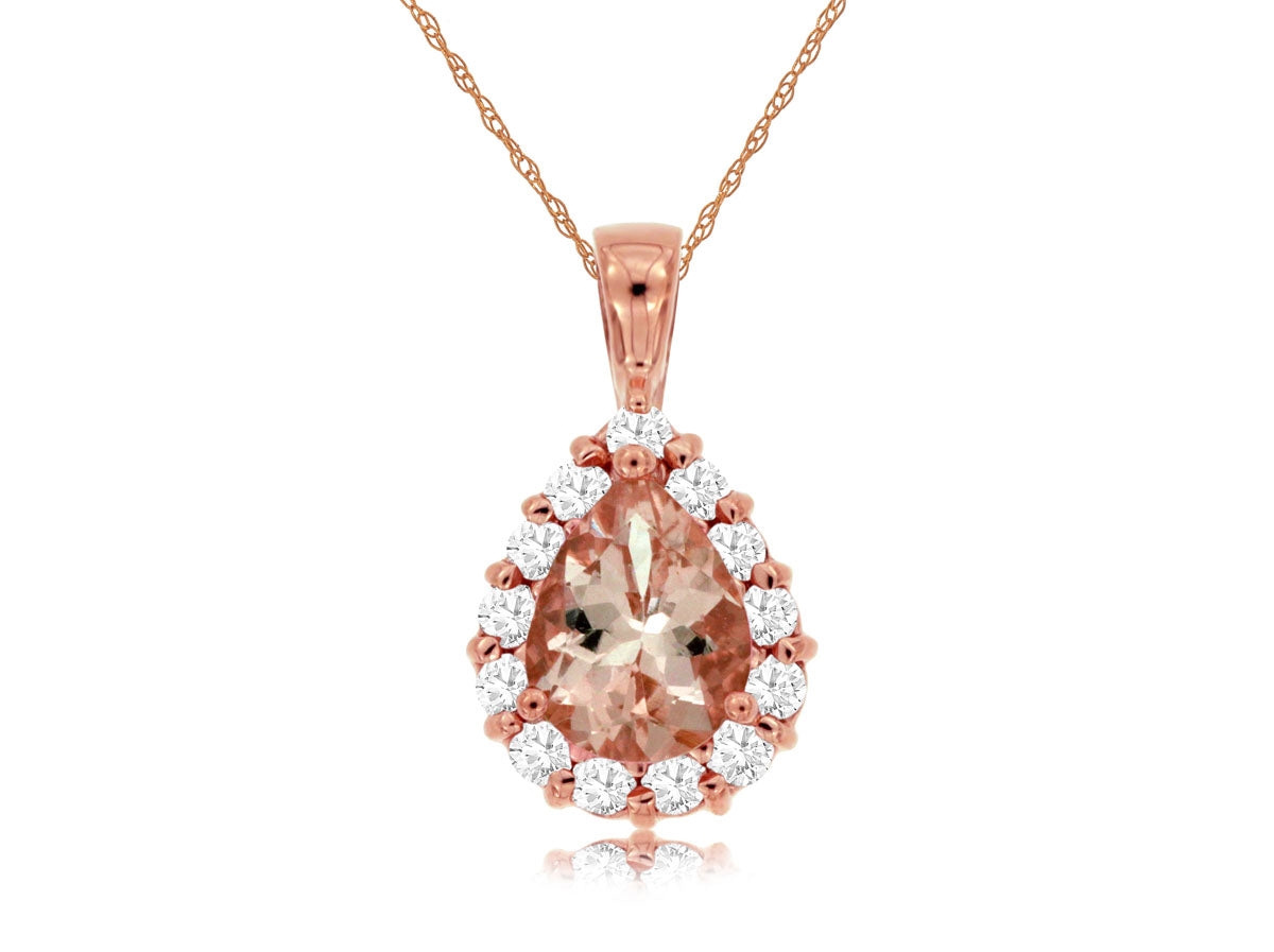 Pear Cut Morganite & Diamond Pendant Necklace 14kt Rose Gold