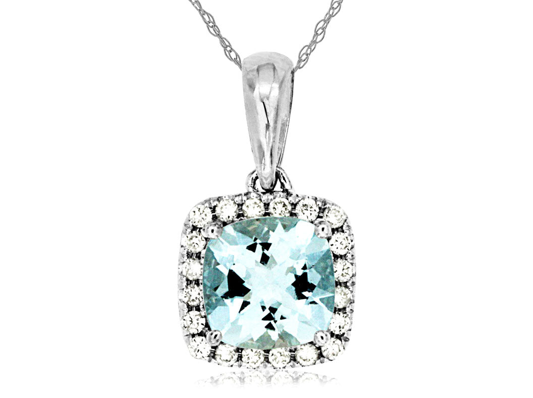 .85 CT Cushion Aquamarine Diamond Halo Pendant Necklace White Gold