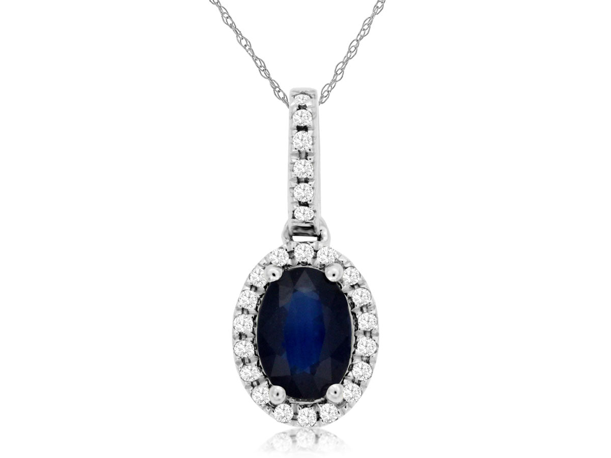 Sapphire Diamond Halo Oval Pendant Necklace White Gold