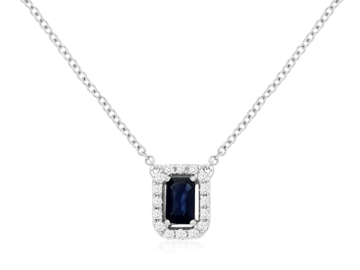 Sapphire Diamond Halo Emerald Cut Pendant Necklace White Gold