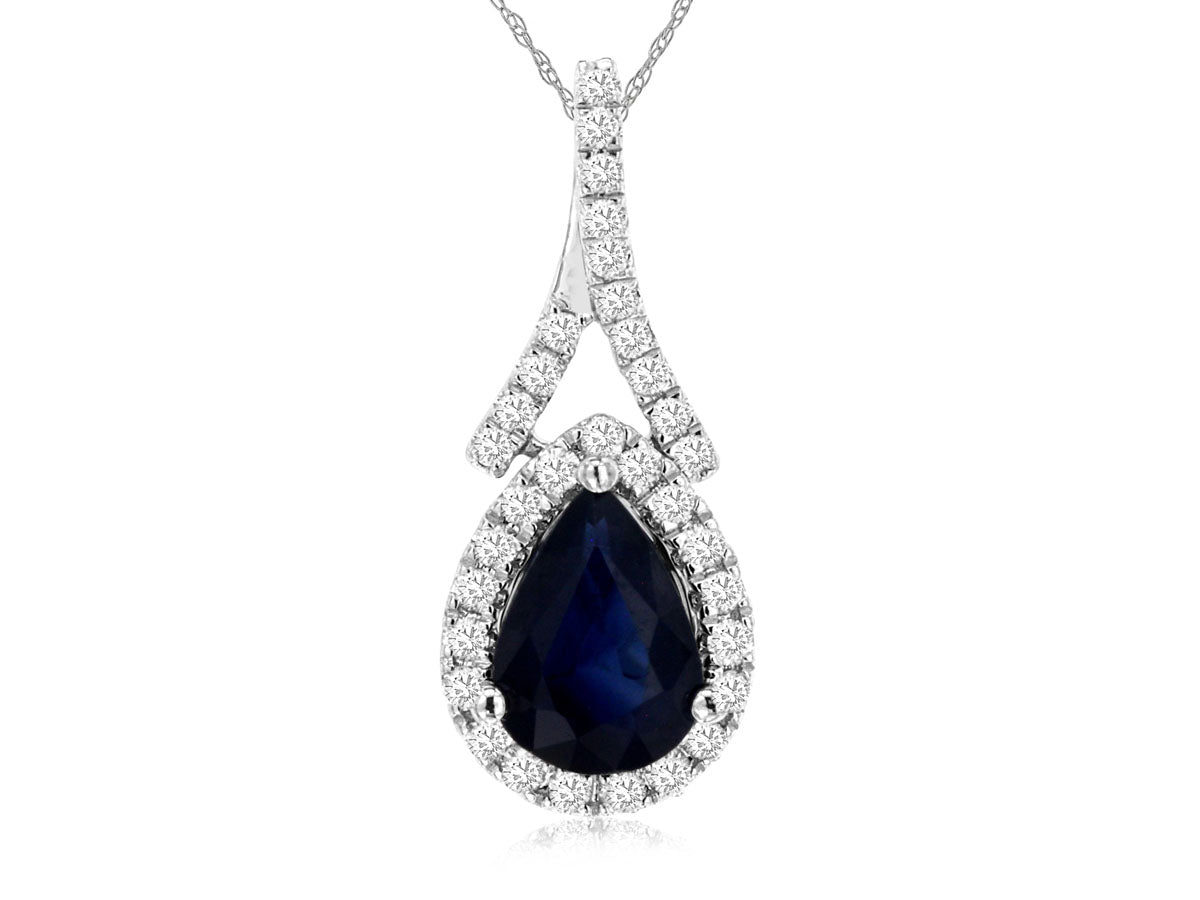 Sapphire Diamond Halo Pear Cut Pendant Necklace